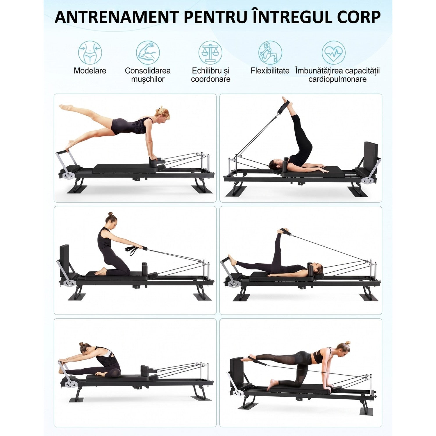 Aparat Pilates Reformer pliabil NextWave®️, pentru antrenamentul complet al corpului si recuperare, rezistenta dubla – imaginea 7
