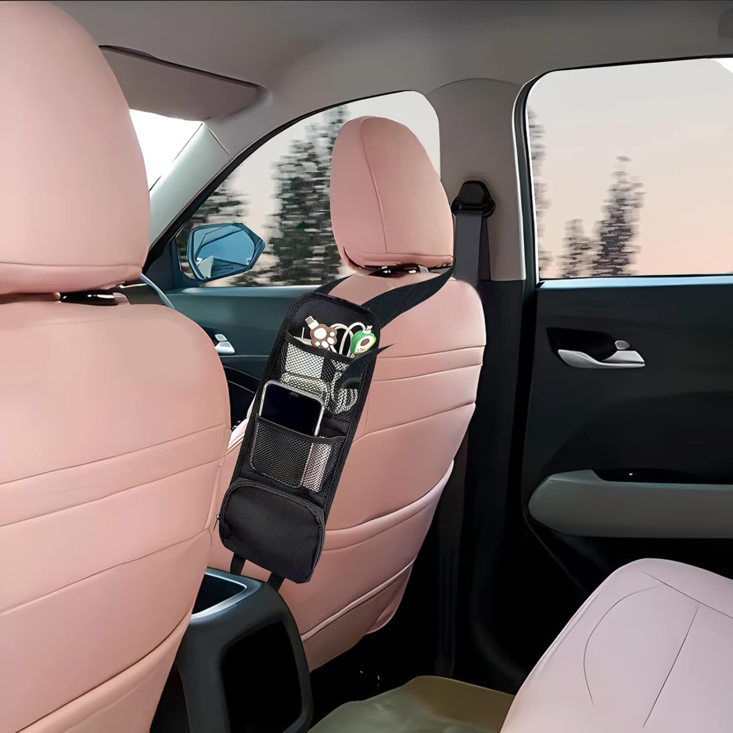 Set 2 huse laterale depozitare auto NextWave®️, organizatoare cu plasa si buzunare multiple pentru accesorii, montaj – imaginea 7