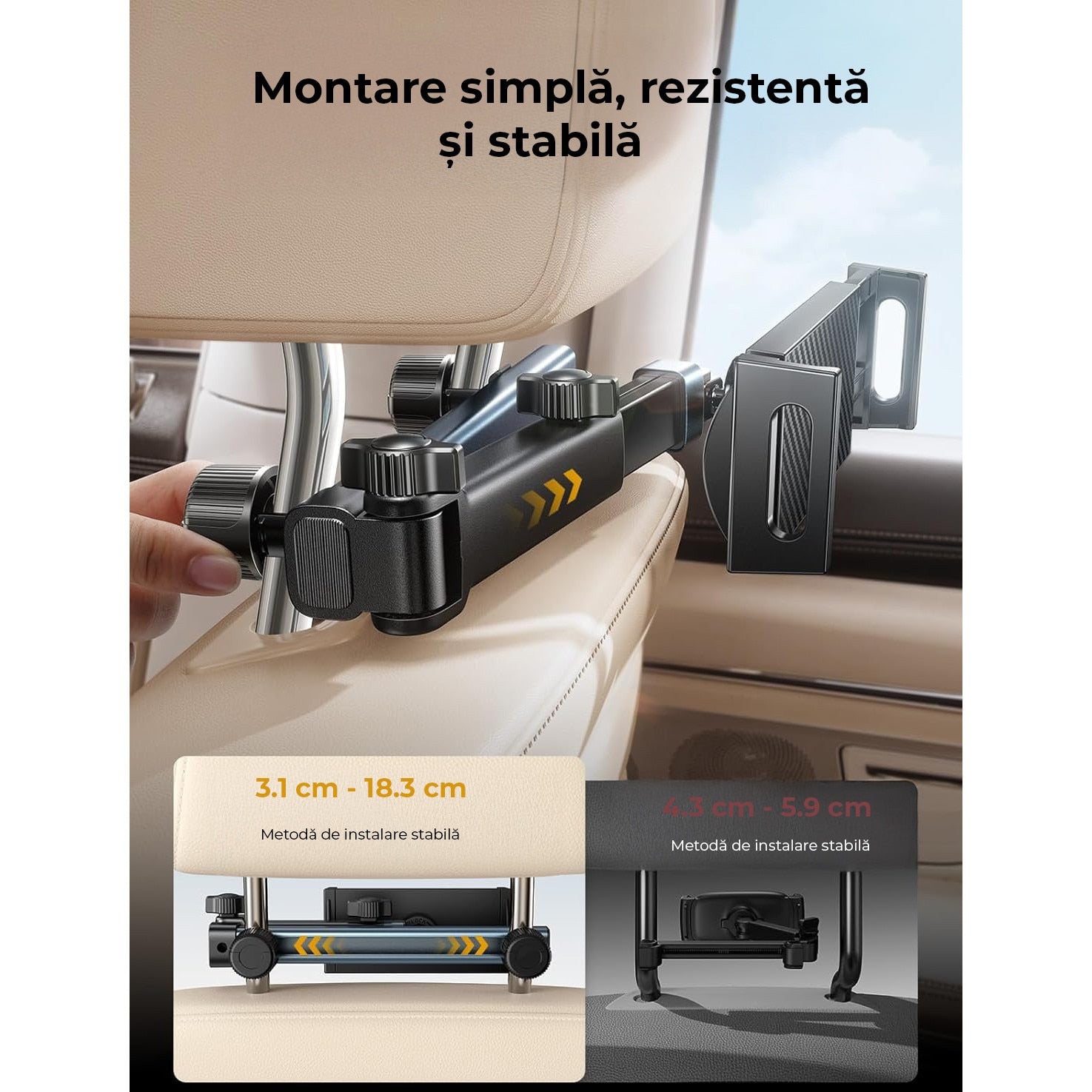 Suport auto tetiera NextWave®️, reglabil pe 3 axe pentru tablete si telefoane 4,7–11 inch, sistem metalic pliabil cu – imaginea 7