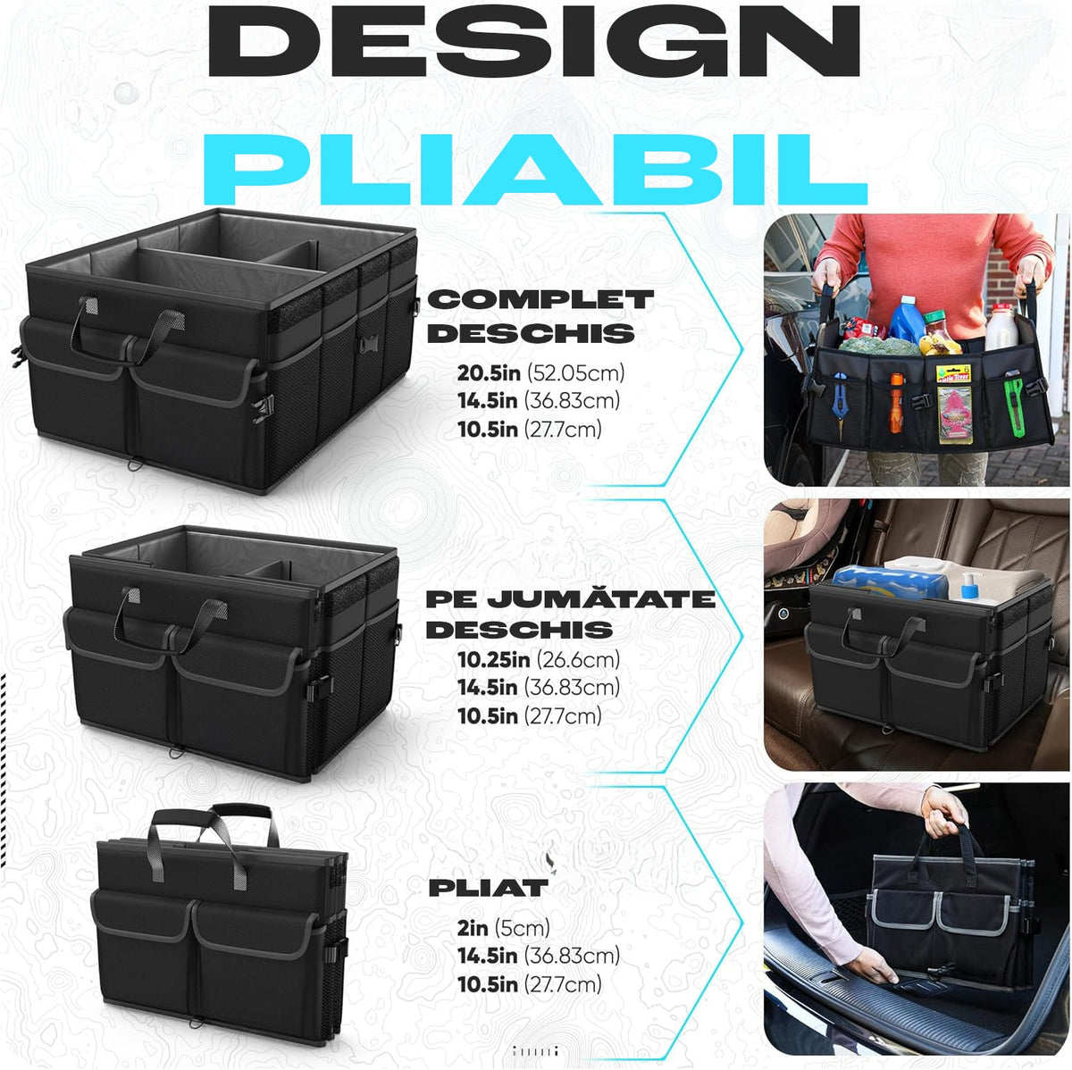 Organizator portbagaj auto pliabil NextWave®️, capacitate mare 55×40×26 cm, compartimentare cu separator detasabil, 2 placi – imaginea 7