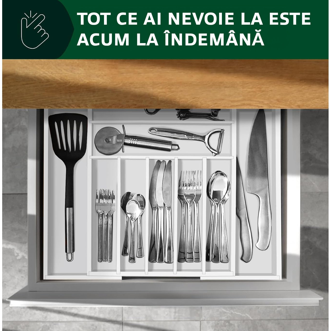 Organizator extensibil pentru tacamuri si ustensile NextWave® – bambus natural lacuit, finisaj negru elegant, 9 – imaginea 7