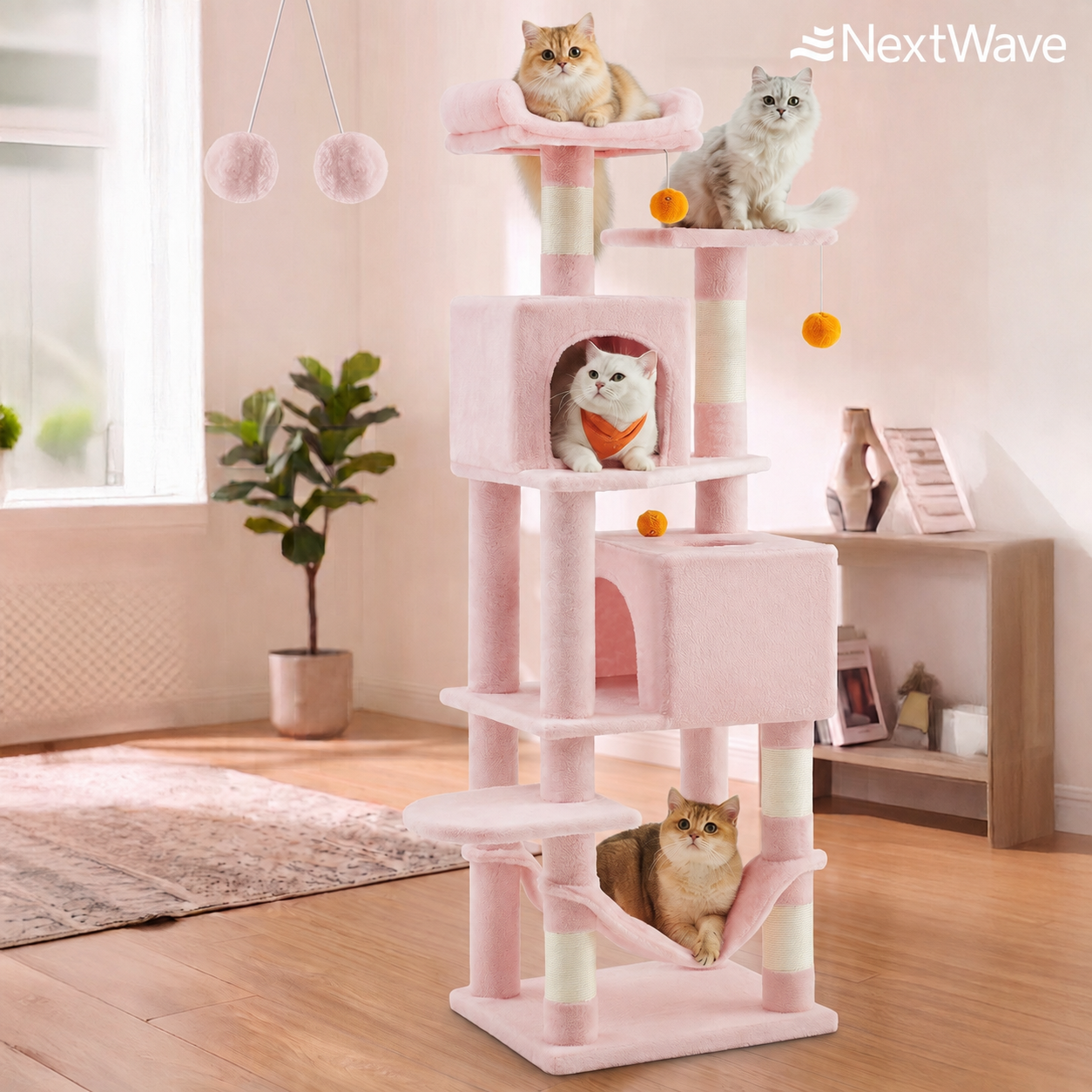 Ansamblu de Joaca pentru Pisici NextWave®, tip turn, 2 platforme de observatie, 3 niveluri, 2 casuta, 5 stalpi pentru – imaginea 7