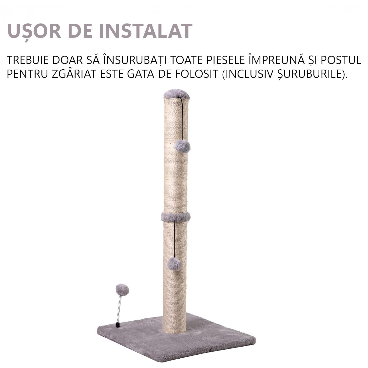 Ansamblu de joaca pentru pisici adulte sau pui, stalp pentru ascutit ghearelor, 2 bile suspendate, confectionat din sisan – imaginea 7