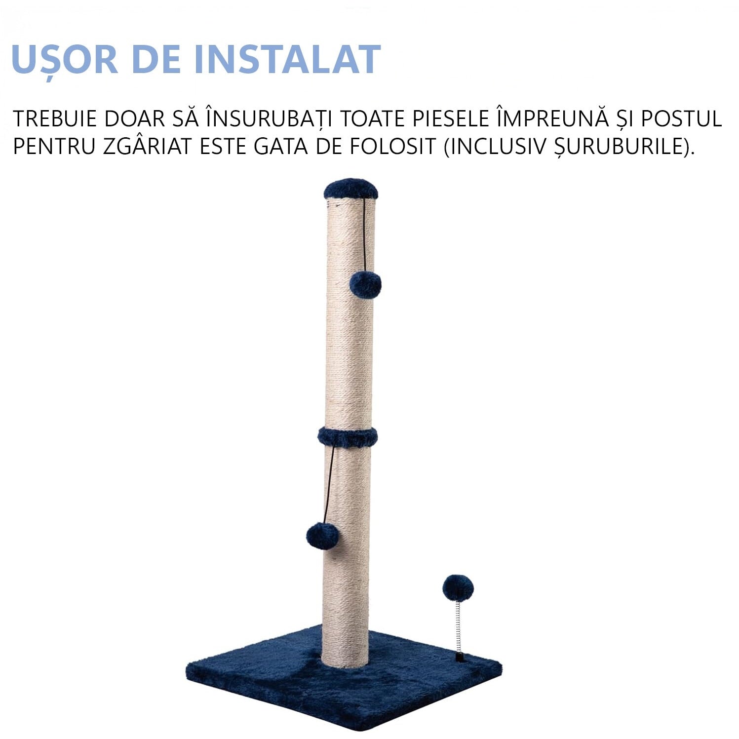 Ansamblu de joaca pentru pisici adulte sau pui, stalp pentru ascutit ghearelor, 2 bile suspendate, confectionat din sisan – imaginea 7