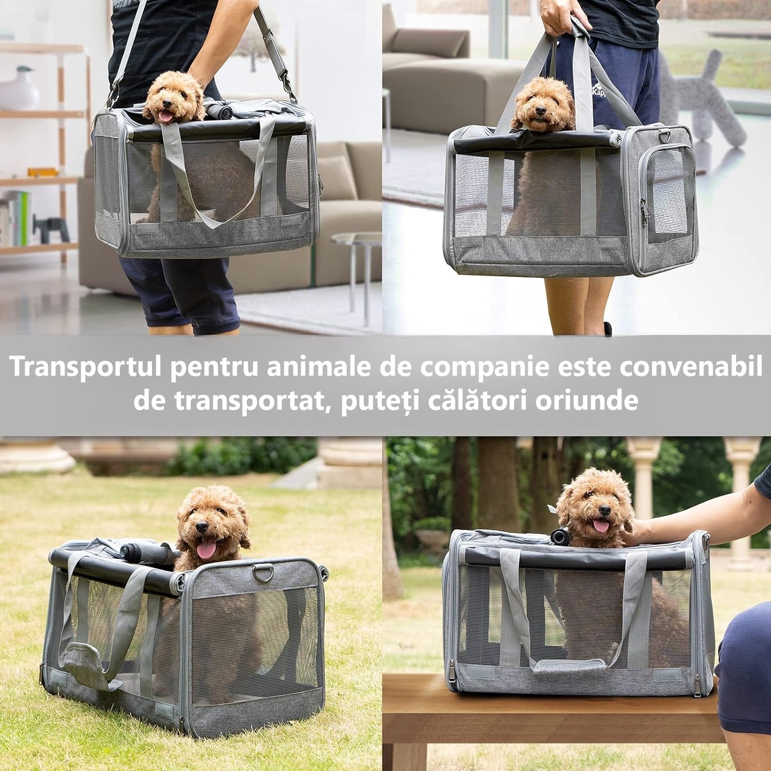 Geanta pentru transport animale mici NextWave®, pisica, caine, iepure, din panza, 46x30x30, Baza rezistenta cu covoras, Usor – imaginea 7