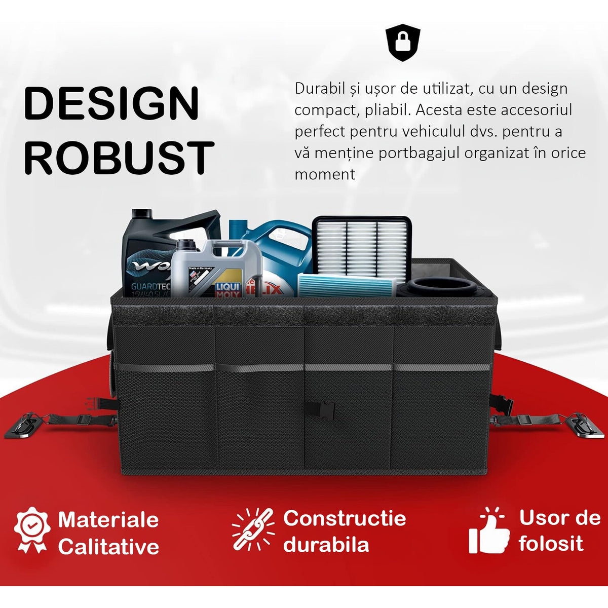 Organizator portbagaj auto NextWave®️ cu chingi de ancorare si capac, Multifunctional, Pliabil, 9 compartimente, Capacitate – imaginea 7