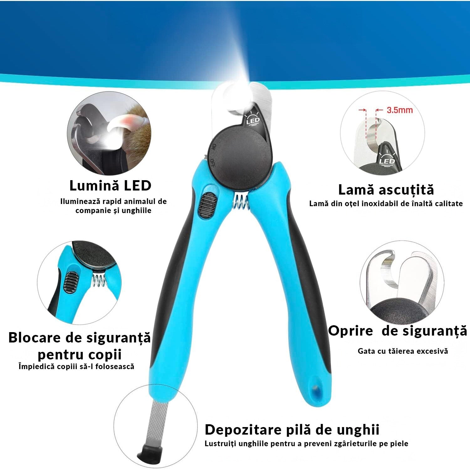 Foarfeca profesionala pentru taierea unghiilor la caini si pisici, Iluminare Led NextWave®, extra ascutit pentru unghii – imaginea 7