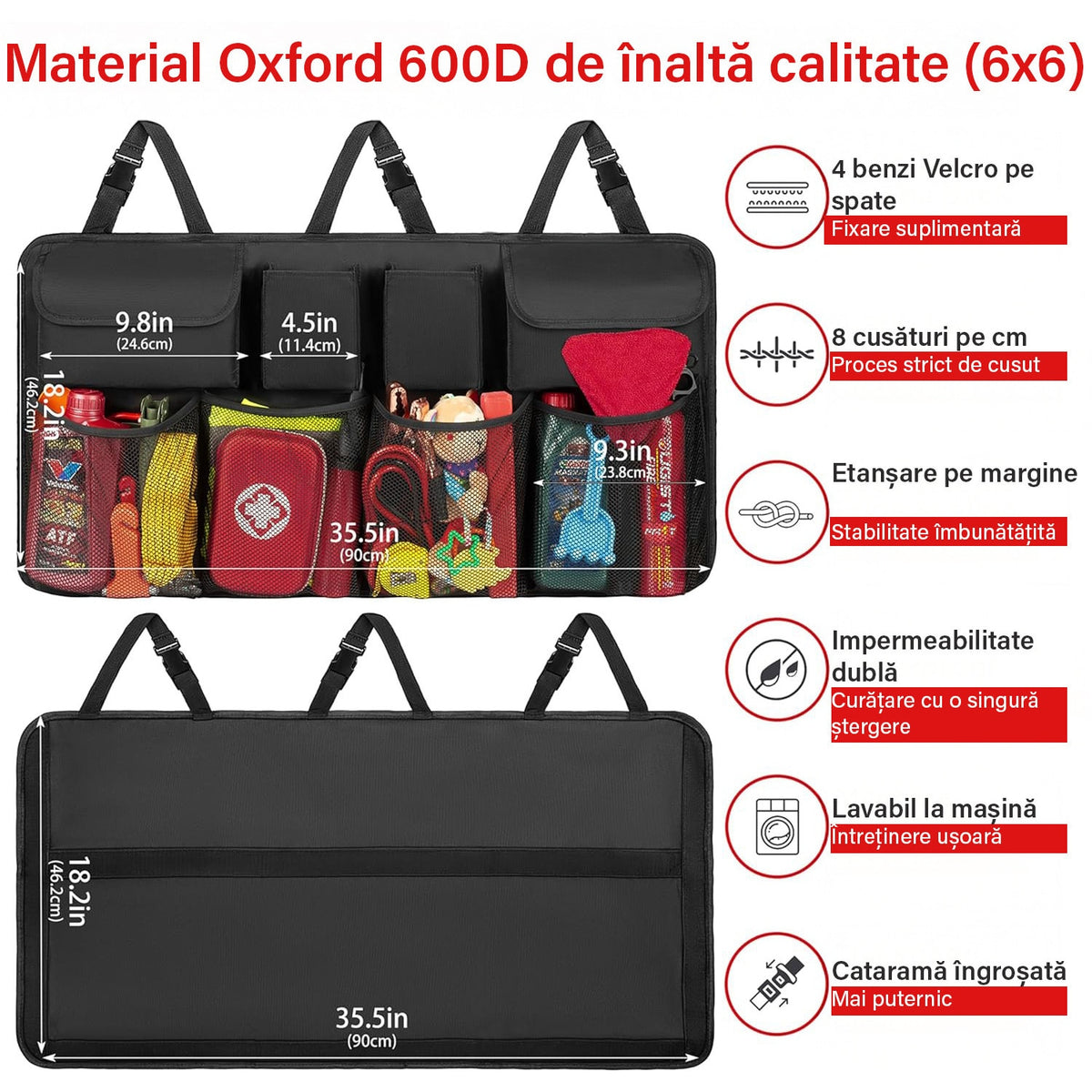 Organizator portbagaj auto suspendat NextWave®️, material Oxford 600D impermeabil, 8 buzunare incapatoare, benzi Velcro – imaginea 7
