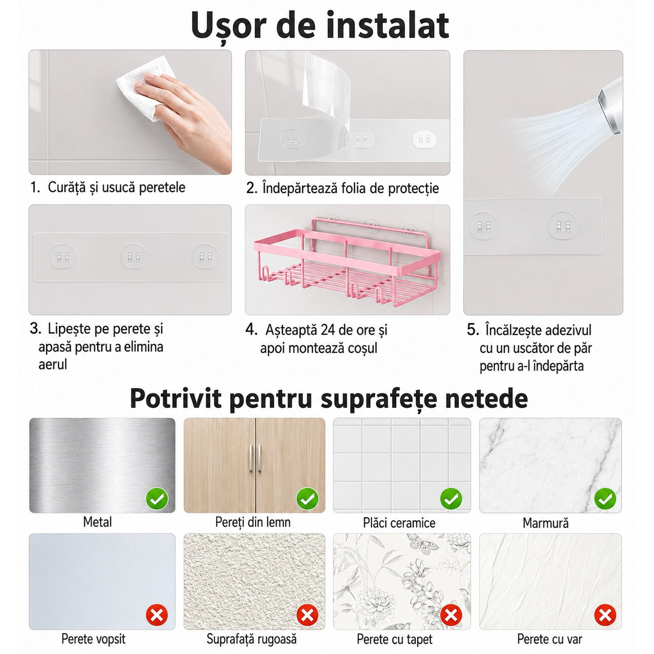Raft de baie NextWave®, set 5 piese cu 3 etajere pentru dus, 1 suport pentru sapun si 1 suport pentru periute de dinti, din – imaginea 7