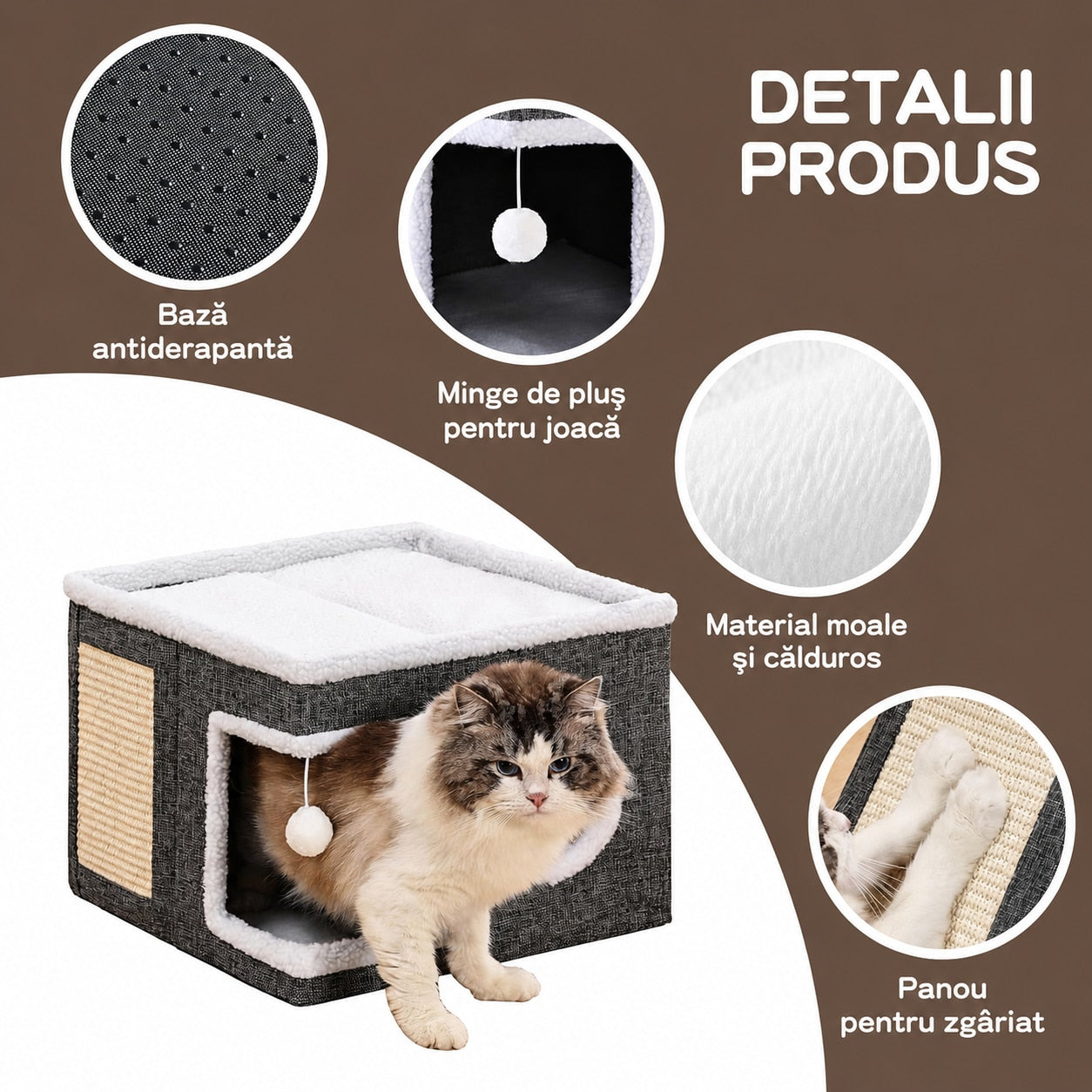 Casa Pisici NextWave®, Casuta Pliabila Tip Pestera, Pat Interior cu Platforma Superioara, Ansamblu de Zgariat Sisal, Minge – imaginea 7