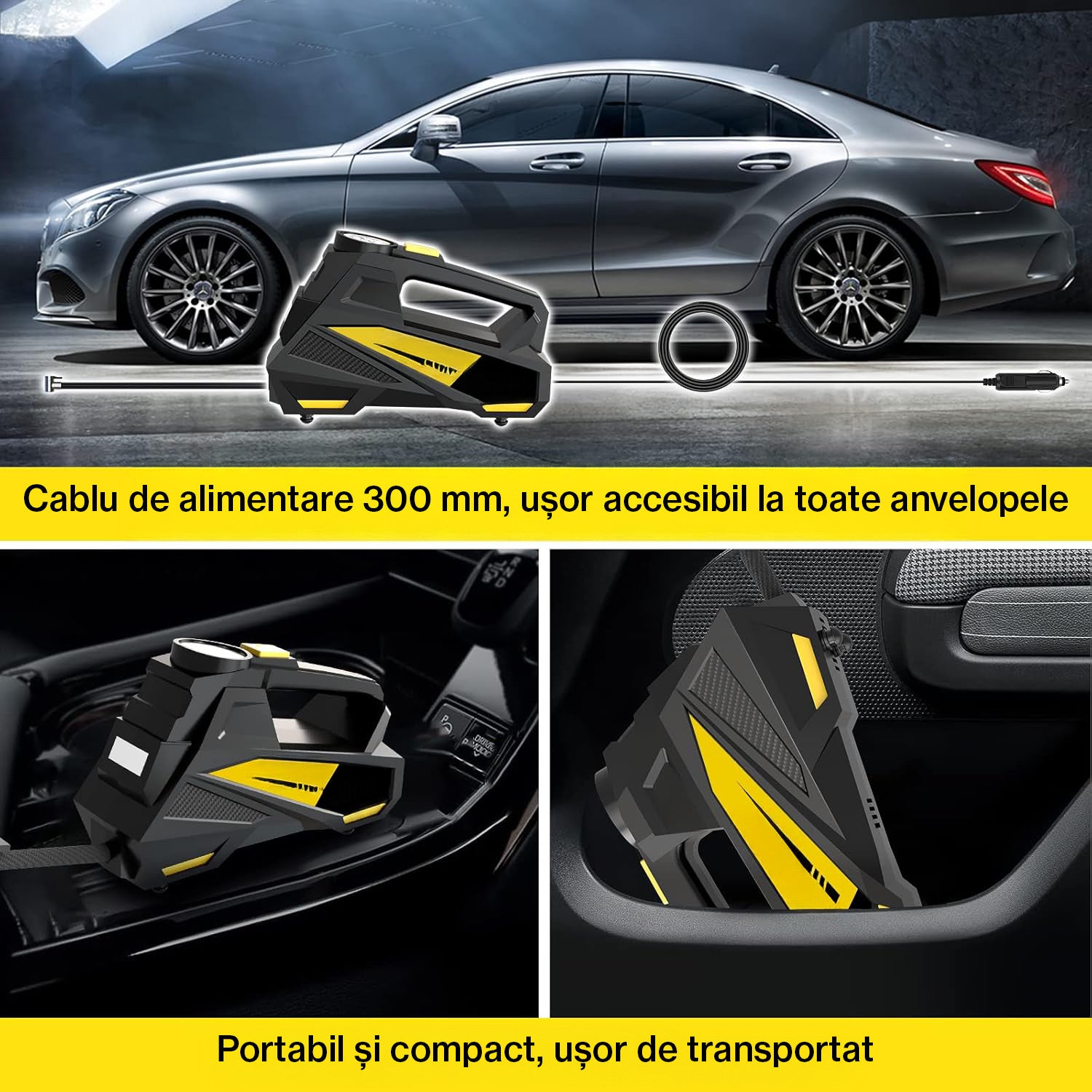 Compresor auto portabil NextWave 12V, manometru digital, 150 PSI, galben-negru – imaginea 7