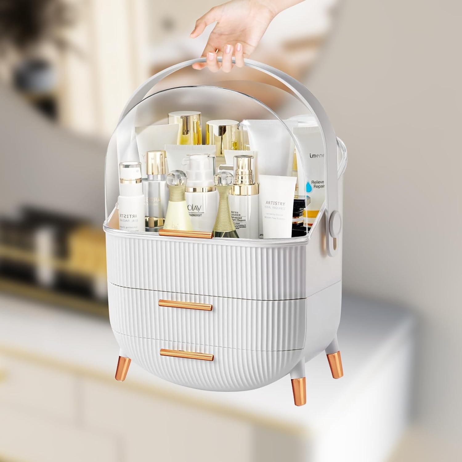 Organizator pentru cosmetice si bijuterii NextWave®, spatiu depozitare cu 2 sertare, vitrina, cutie pensule si rujuri – imaginea 7