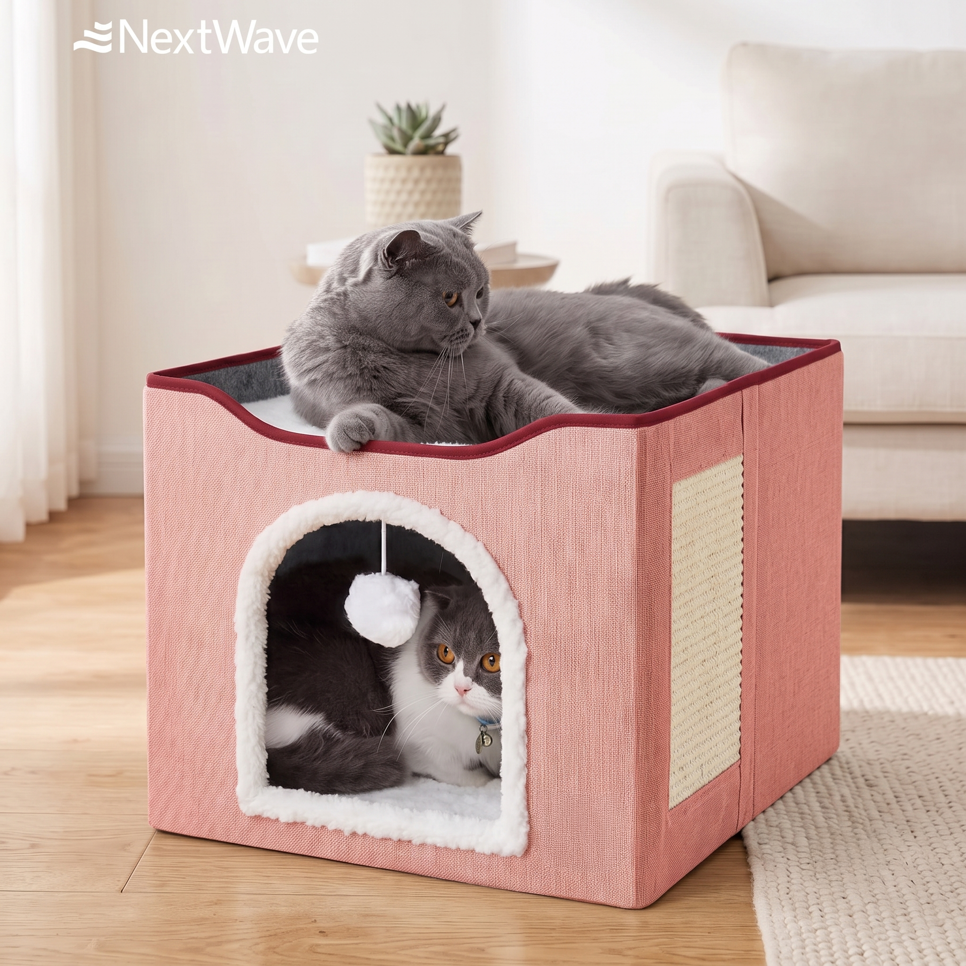 Casa pentru pisici NextWave® cu doua zone, bila pufoasa si zona de zgariat, Pliabila, Moale si pufoasa, Respirabila, Usoara – imaginea 7