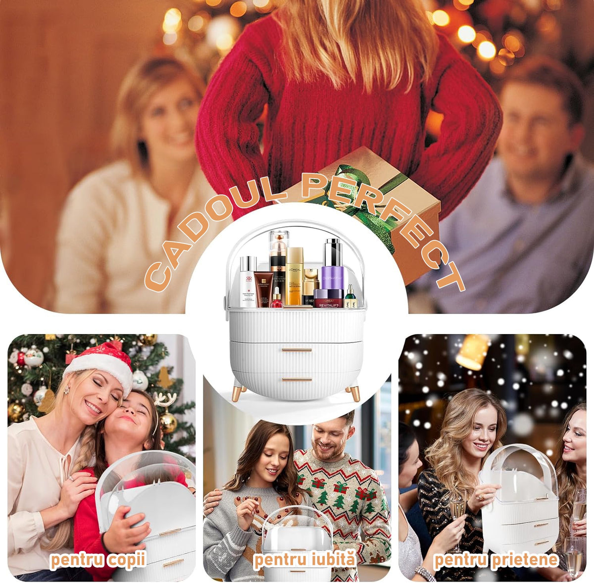Organizator pentru cosmetice si bijuterii NextWave®, spatiu depozitare cu 2 sertare, vitrina si cutie pensule – imaginea 7