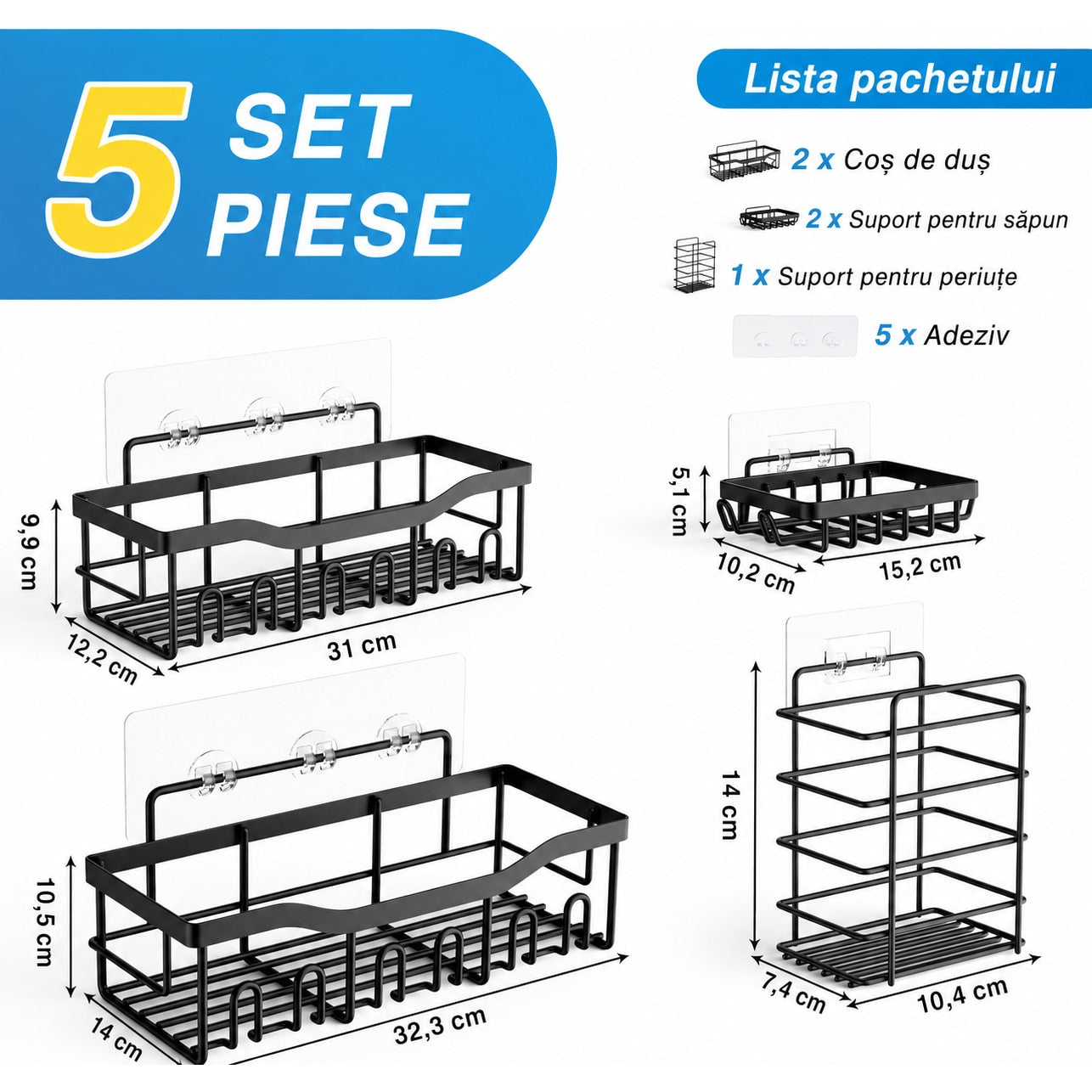 Raft de Baie NextWave® la set, 5 piese cu 2 rafturi pentru dus, 2 suporturi pentru sapun si 1 suport pentru periute, din – imaginea 7