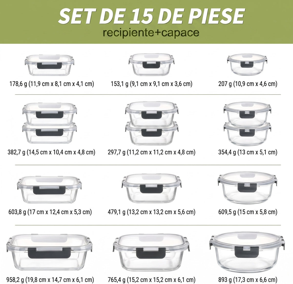 Set 15 Caserole Alimentare din sticla NextWave®️ Capace Etanse, Depozitare Frigider si Congelator, Potrivite pentru – imaginea 7