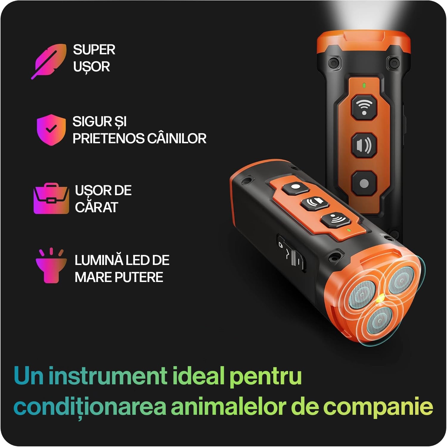Dispozitiv antilatrat pentru caini, aparat cu ultrasunete si lanterna, 3 emitatoare sonice cu raza ultra-lung, descurajeaza – imaginea 7
