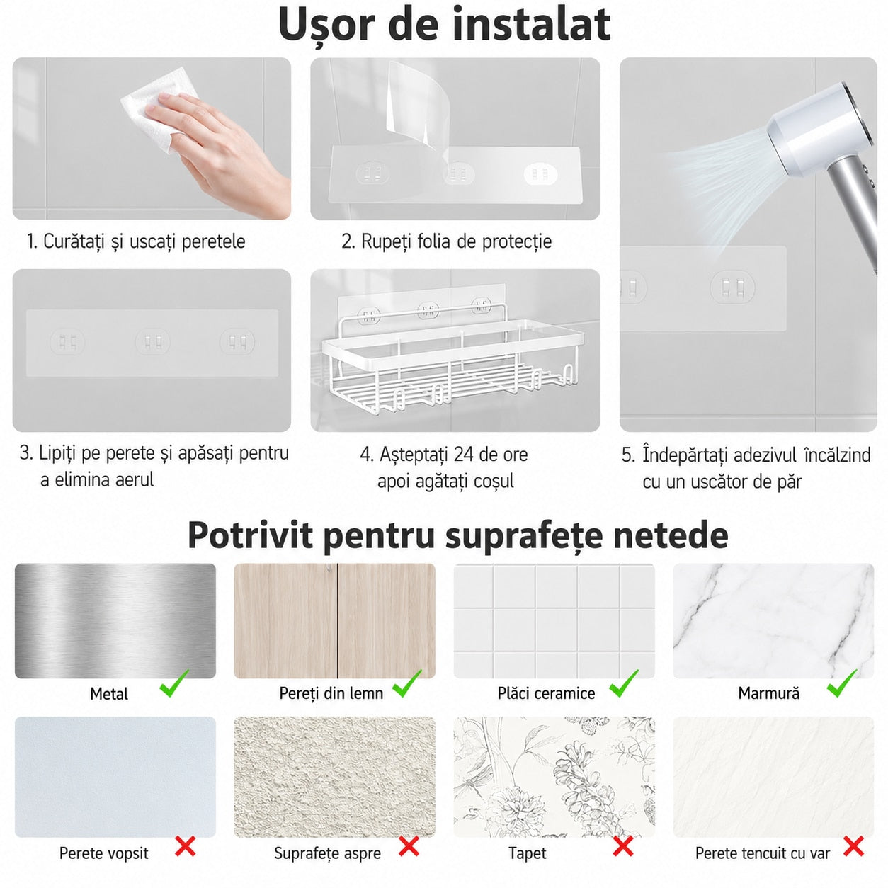 Raft de baie NextWave®, set 5 piese cu 3 etajere pentru dus, 1 suport pentru sapun si 1 suport pentru periute de dinti, din – imaginea 7