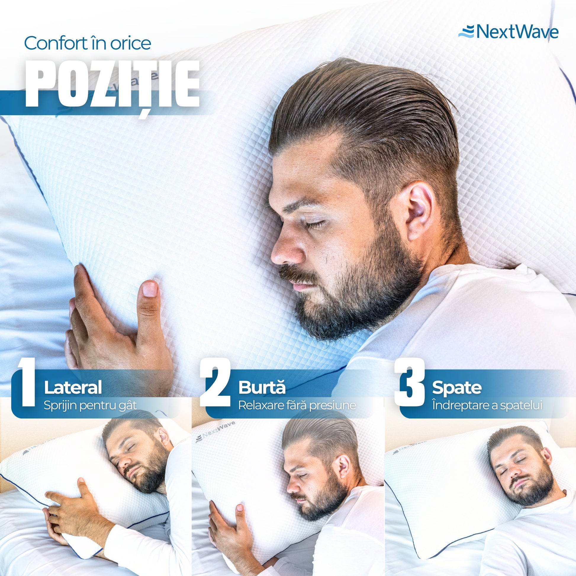 Set 2 perne ortopedice pentru dormit ajustabile NextWave™, Spuma cu Memorie Maruntita pentru Gat si Suport Cervical, 2 Zone – imaginea 7