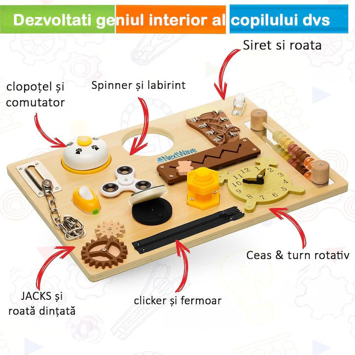 Placa senzoriala NextWave®, tabla de activitati Montessori din lemn cu 14 activitati educationale pentru invatarea – imaginea 7