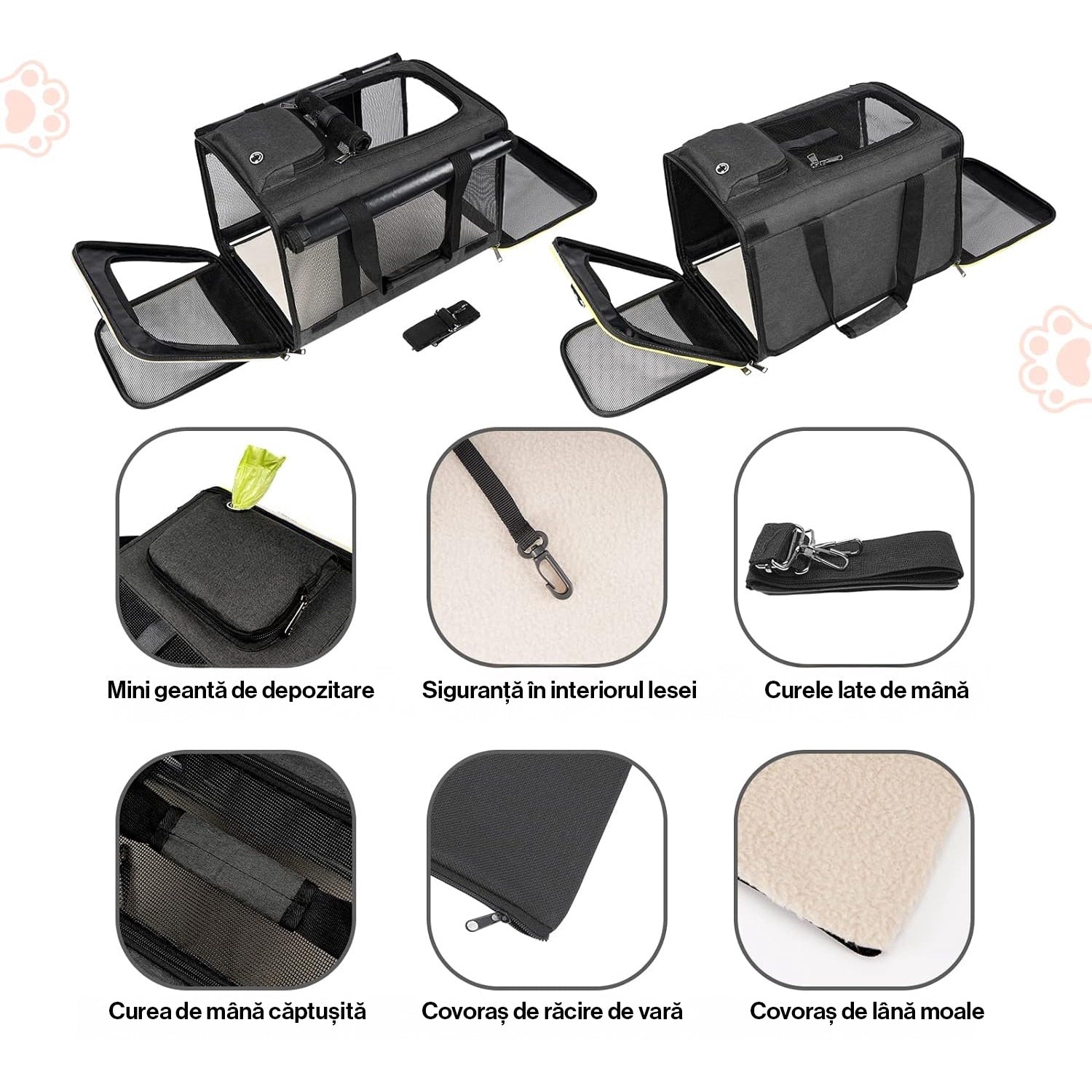 Geanta pentru transport animale mici NextWave®, pisica, caine, iepure, din panza, 46x30x30, Baza rezistenta cu covoras, Usor – imaginea 7