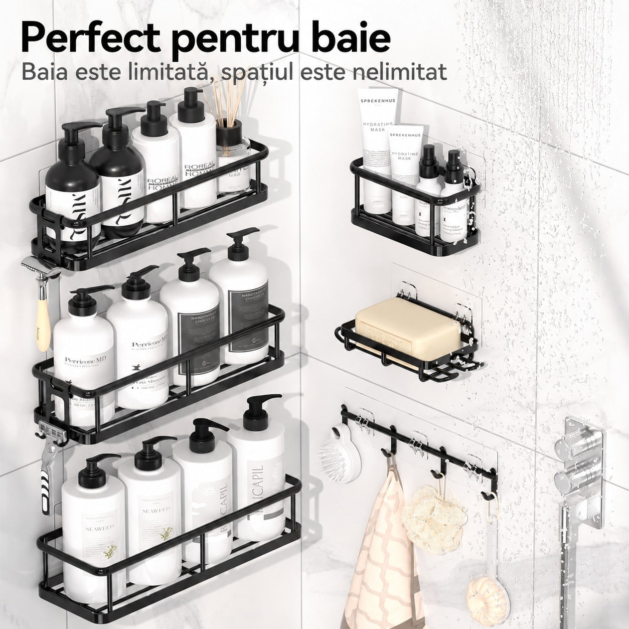 Raft de baie NextWave® la set, 6 piese cu 3 etajere mari, 1 raft compact, suport pentru sapun si sistem cu carlige, montare – imaginea 7