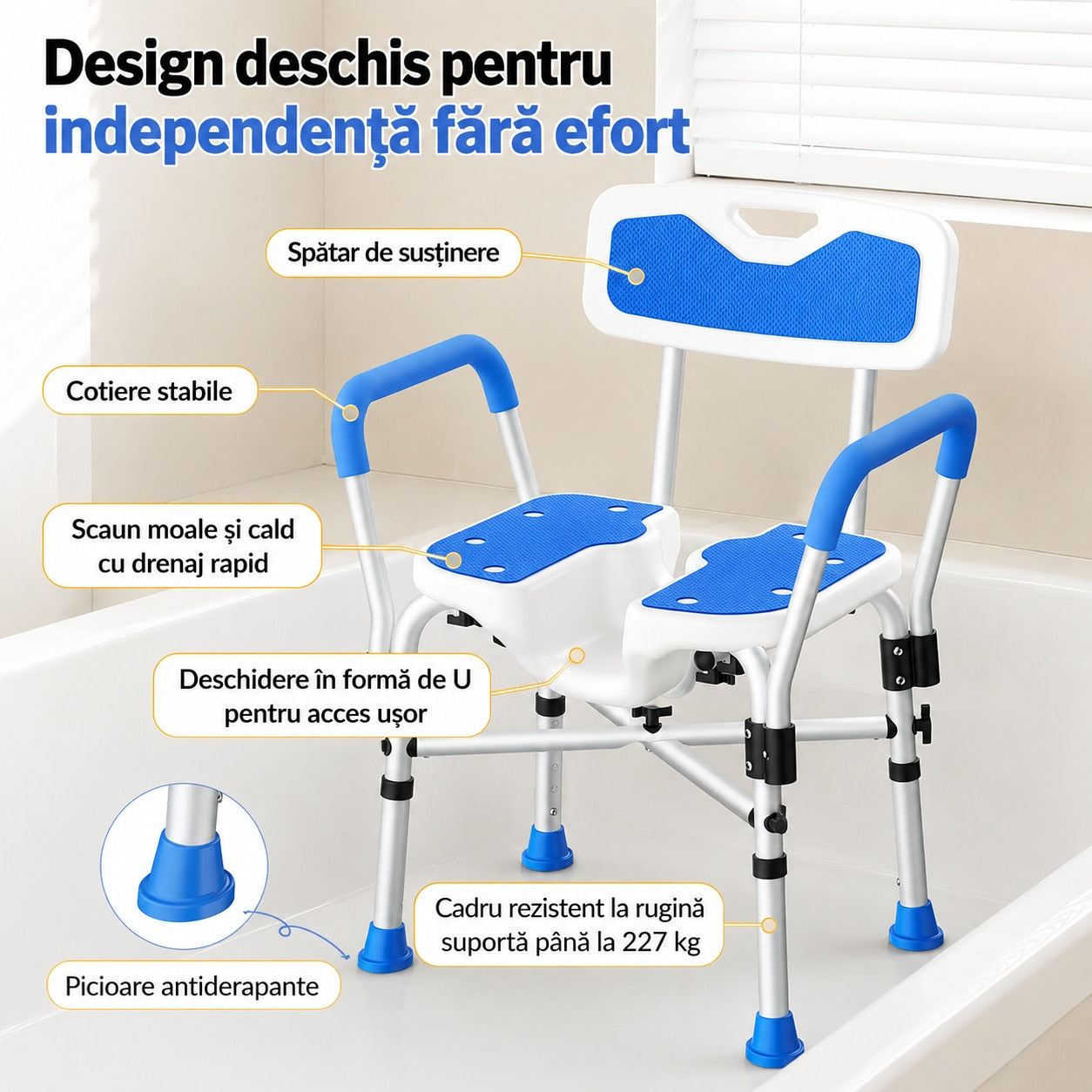 Scaun de dus NextWave®, reglabil pe inaltime, cu spatar, cotiere si sezut moale captusit cu EVA, scaun de baie pentru – imaginea 7