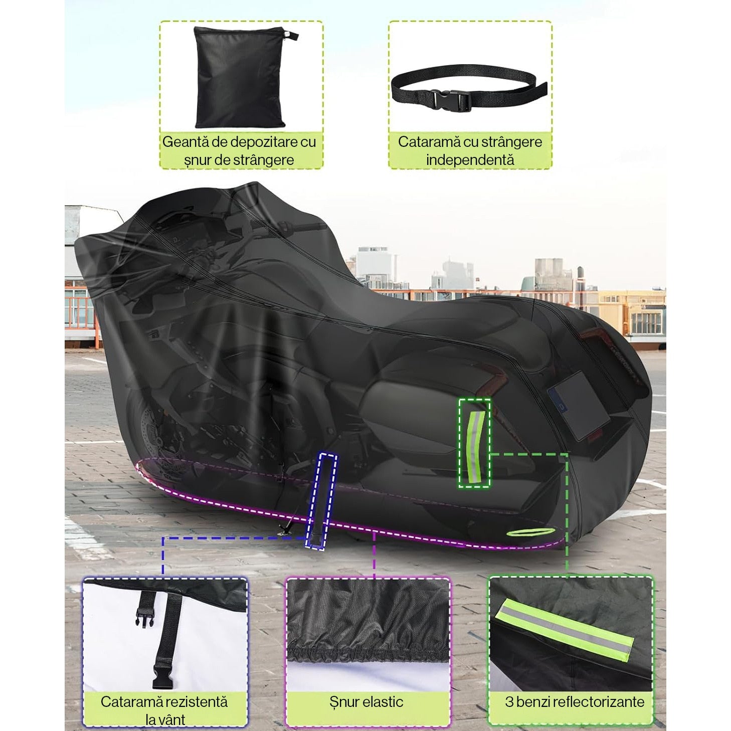 Husa motocicleta NextWave® XXL 245×104×125 cm – impermeabila, rezistenta la vant si praf, protectie UV, cu benzi – imaginea 7