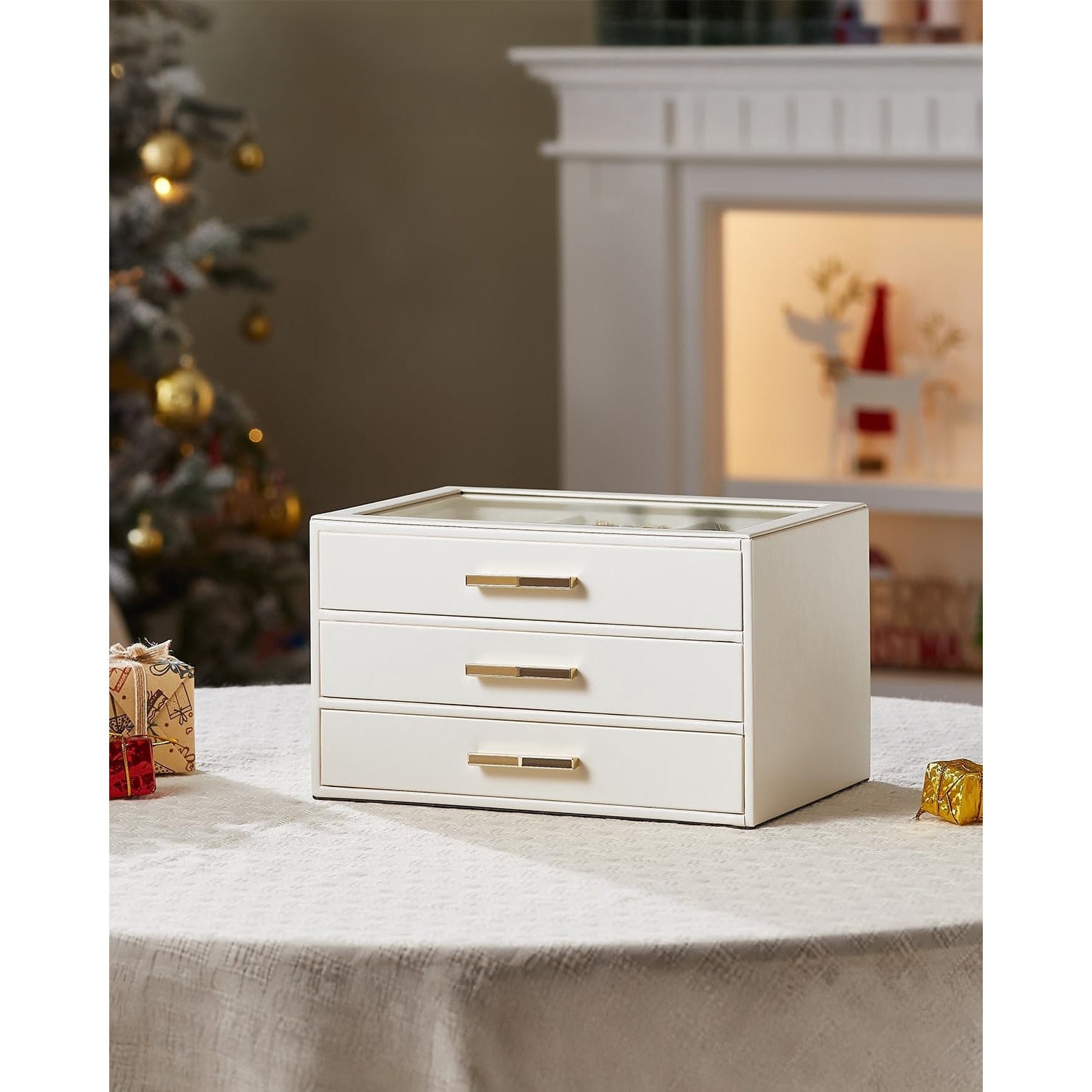 Cutie de bijuterii, organizator cu capac transparent, spatiu de depozitare 3 sertare pentru coliere, inele, cercei – imaginea 7