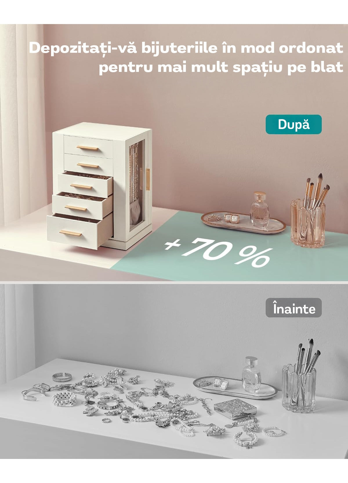 NextWave® Cutie de bijuterii verticala rotativa 360° cu 5 sertare, 18 carlige pentru coliere, compartimente pentru inele si – imaginea 7