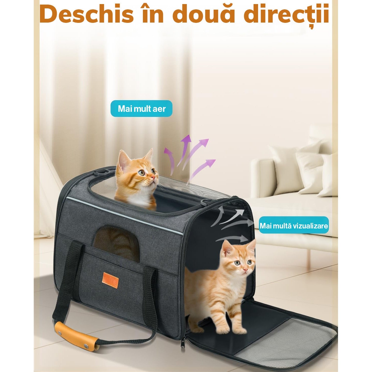 Geanta pentru transport animale mici NextWave®, pisica, caine, iepure, din panza, 45x35x33 cm, Baza rezistenta cu covoras – imaginea 8