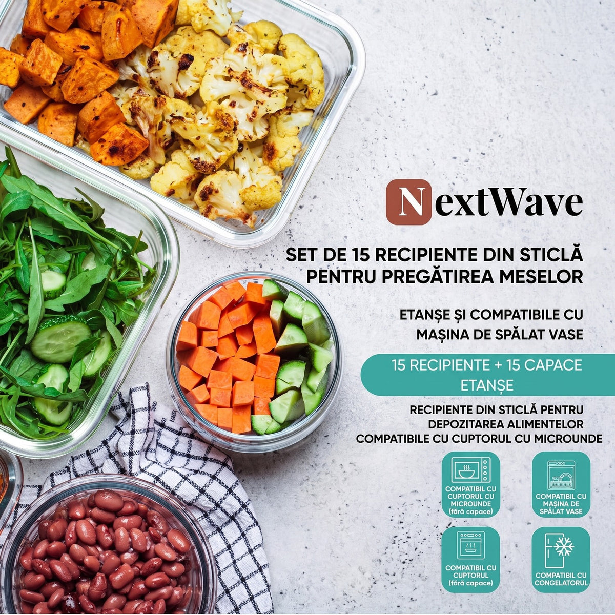 Set 15 Caserole Alimentare din sticla NextWave®️ Capace Etanse, Depozitare Frigider si Congelator, Potrivite pentru – imaginea 8