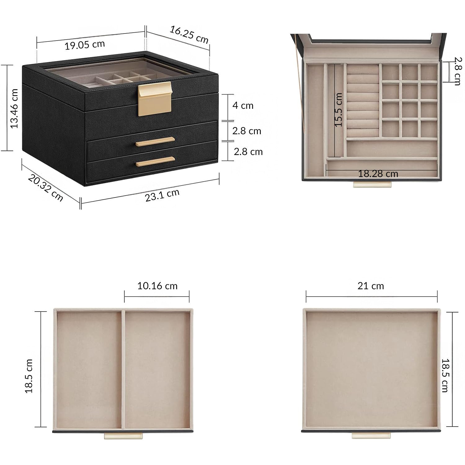 Cutie bijuterii NextWave, 3 niveluri, 2 sertare, piele ecologica neagra, 25x18x15cm – imaginea 8