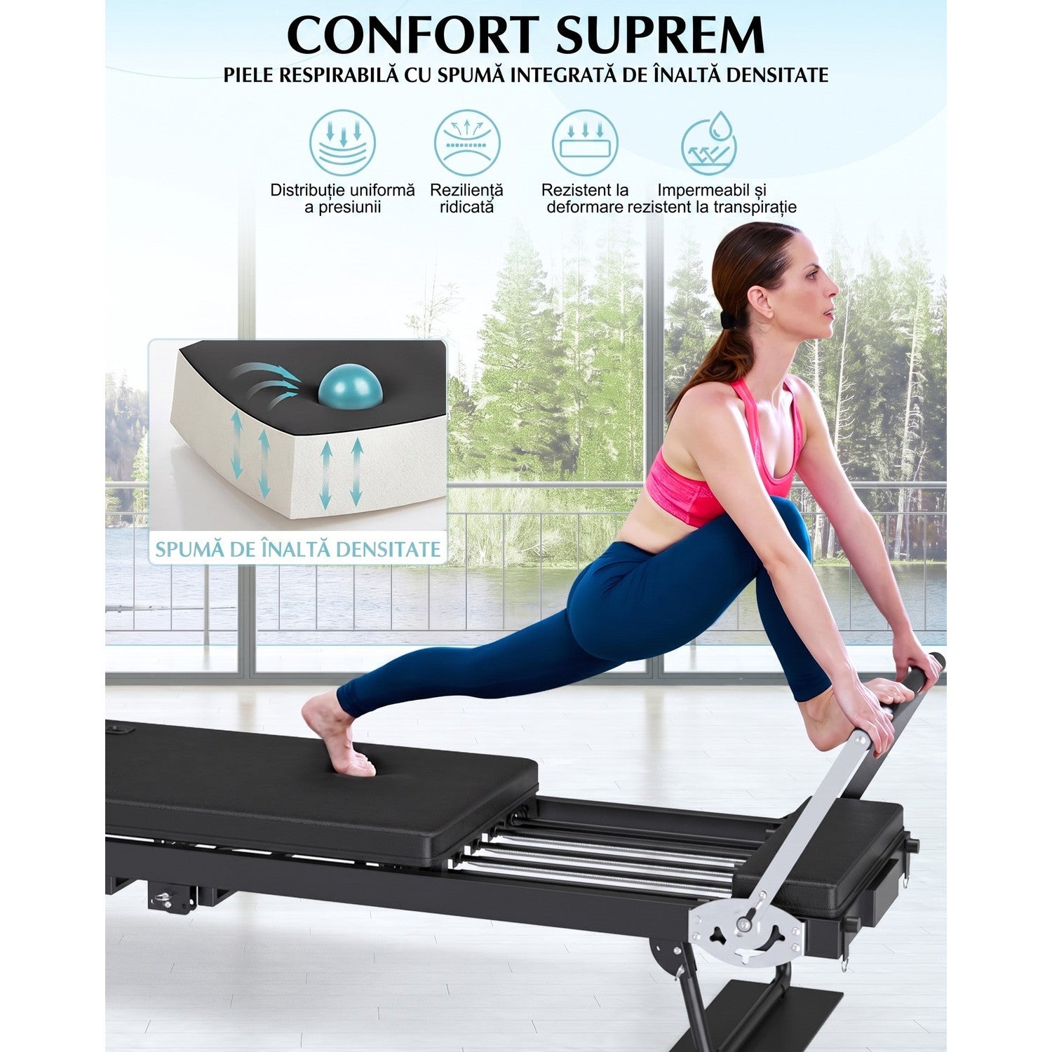 Aparat Pilates Reformer pliabil NextWave®️, pentru antrenamentul complet al corpului si recuperare, rezistenta dubla – imaginea 8
