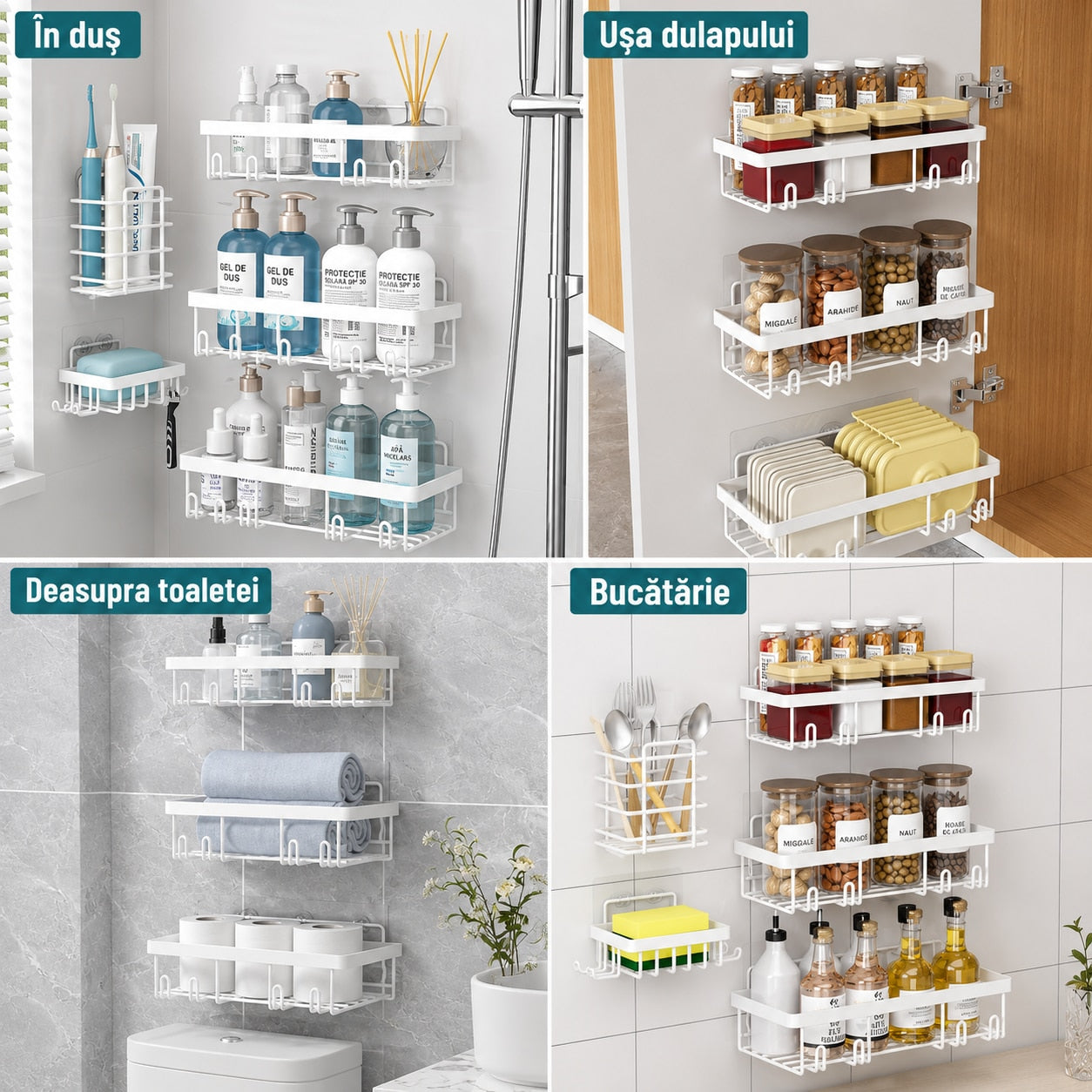 Raft de baie NextWave®, set 5 piese cu 3 etajere pentru dus, 1 suport pentru sapun si 1 suport pentru periute de dinti, din – imaginea 8