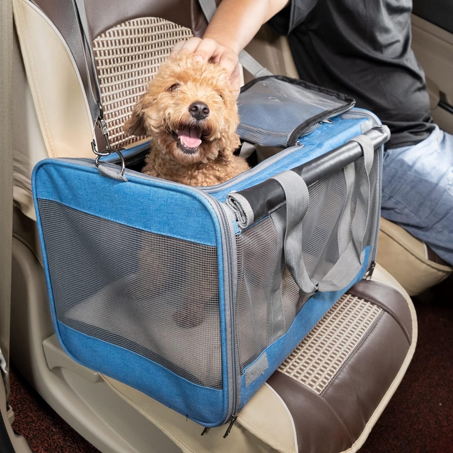 Geanta pentru transport animale mici NextWave®, pisica, caine, iepure, din panza, 46x30x30, Baza rezistenta cu covoras, Usor – imaginea 8