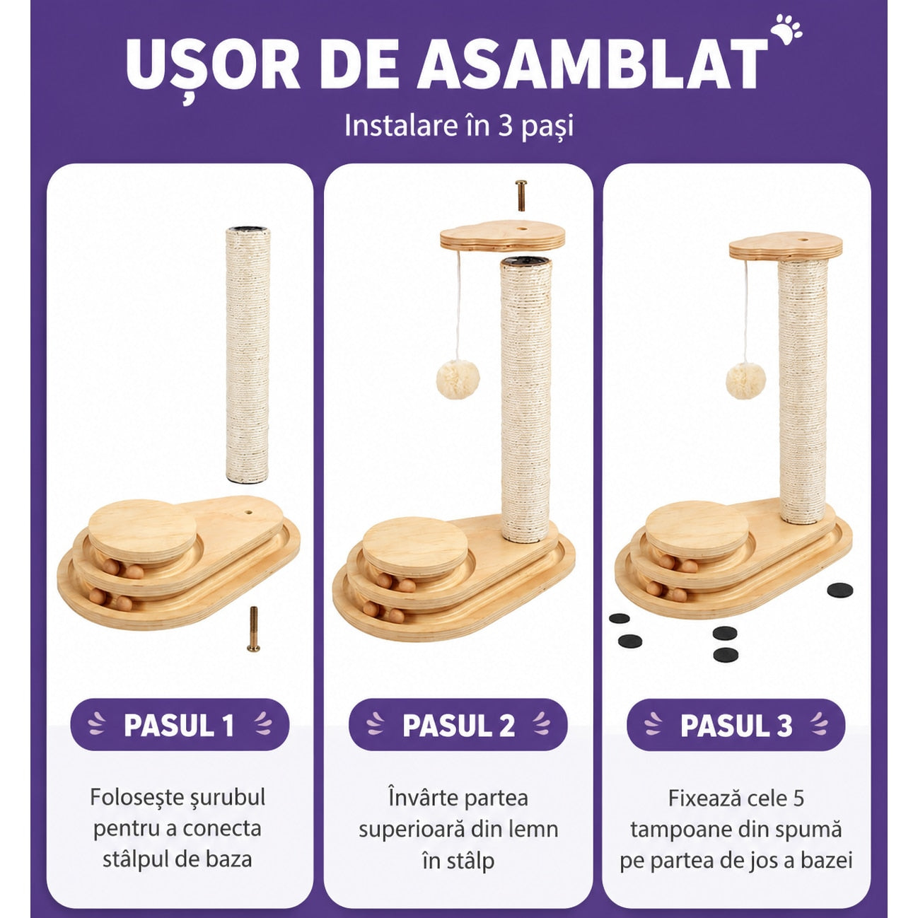 Stalp de zgariat pentru pisici NextWave®, cu sisal natural, baza interactiva stabila din placa pe baza de lemn, 4 mingi – imaginea 8