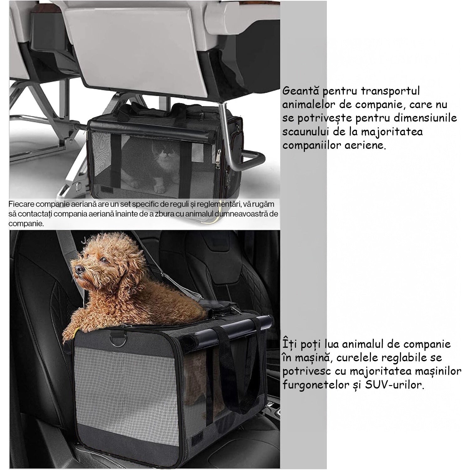 Geanta pentru transport animale mici NextWave®, pisica, caine, iepure, din panza, 46x30x30, Baza rezistenta cu covoras, Usor – imaginea 8