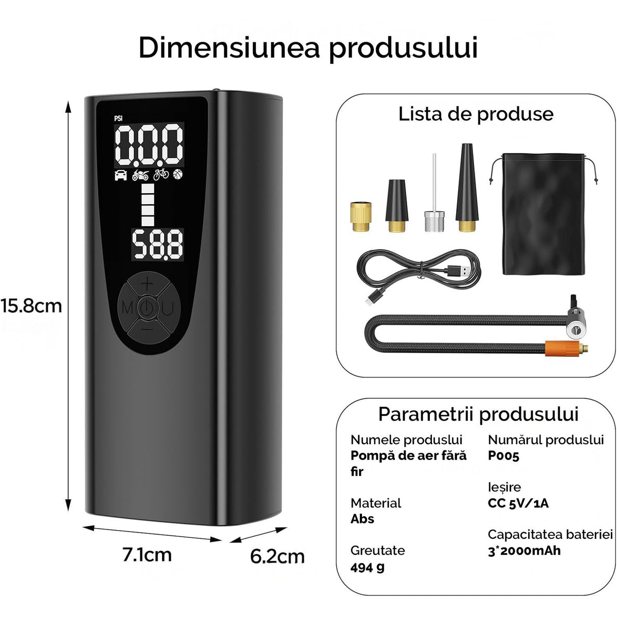Compresor portabil electric NextWave® – pompa de aer reincarcabila 6000 mAh, presiune 0, 1-10, 3 bar (150 PSI), display – imaginea 8