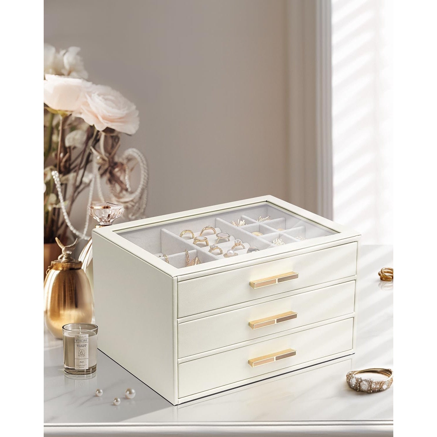 Cutie de bijuterii, organizator cu capac transparent, spatiu de depozitare 3 sertare pentru coliere, inele, cercei – imaginea 8