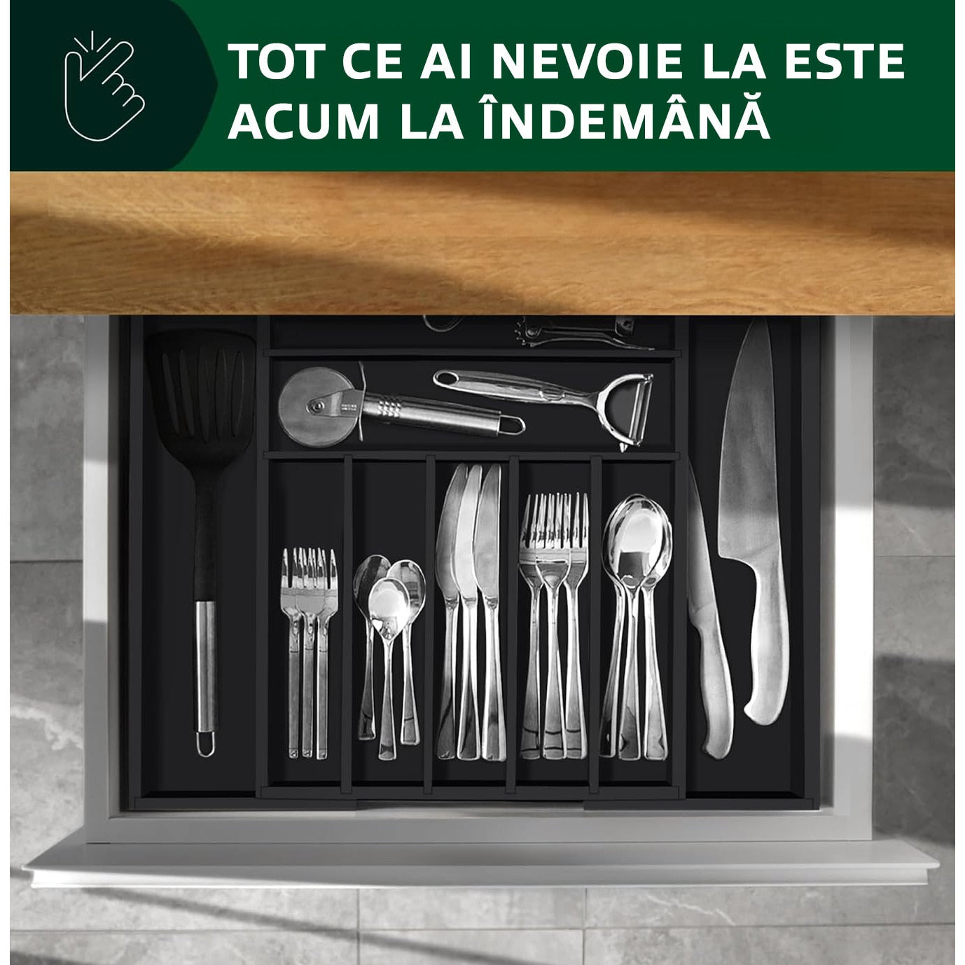 Organizator extensibil pentru tacamuri si ustensile NextWave – bambus natural lacuit, finisaj negru elegant, 9 compartimente – imaginea 8