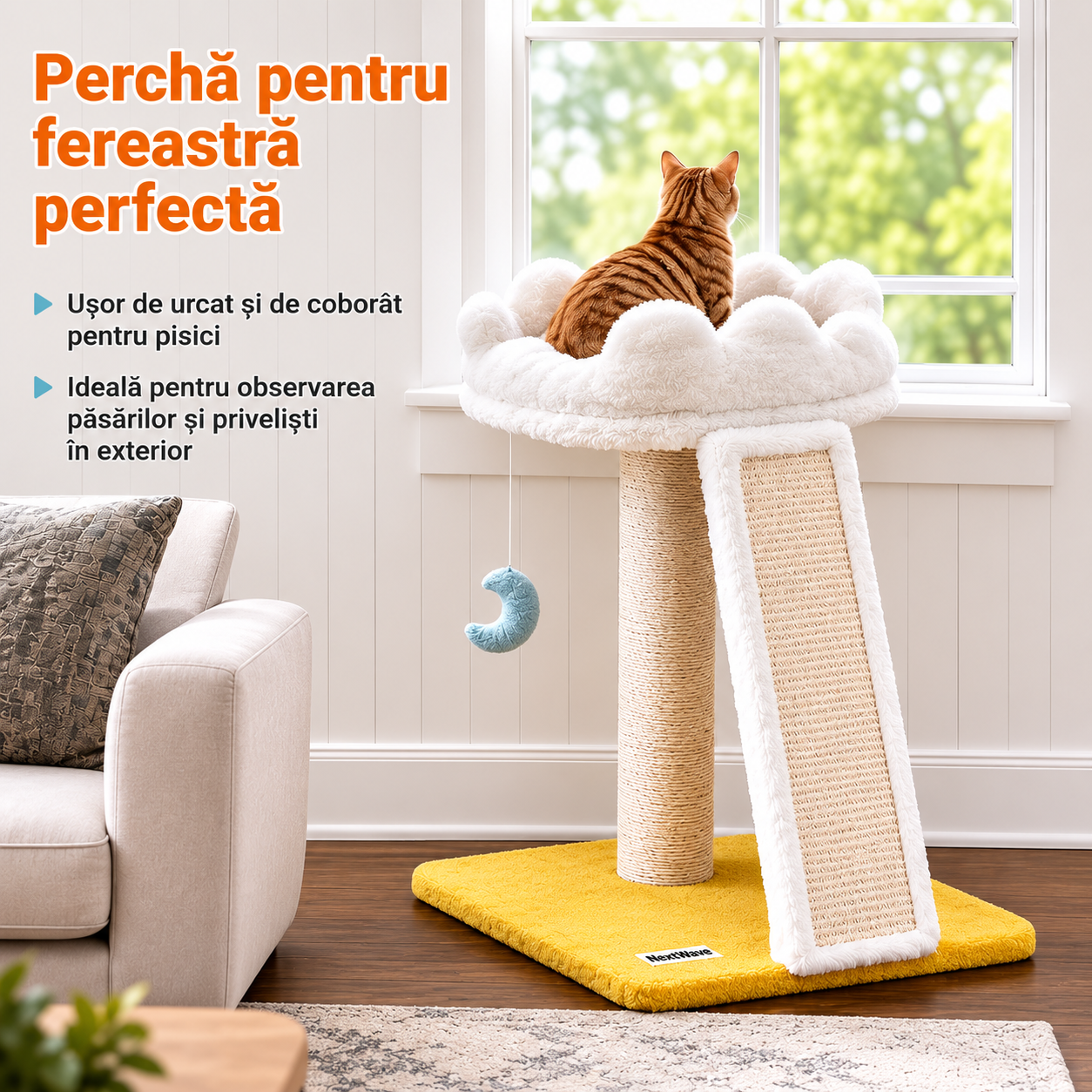 Ansamblu de joaca pentru pisici NextWave®, cu pat moale in forma de nor, platforma captusita, stalp si placa de zgariat din – imaginea 8