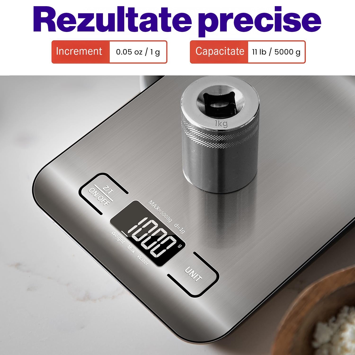 Cantar de bucatarie digital NextWave® din otel inoxidabil 304 – capacitate 5 kg cu precizie de 1 g, display LCD iluminat, 5 – imaginea 8