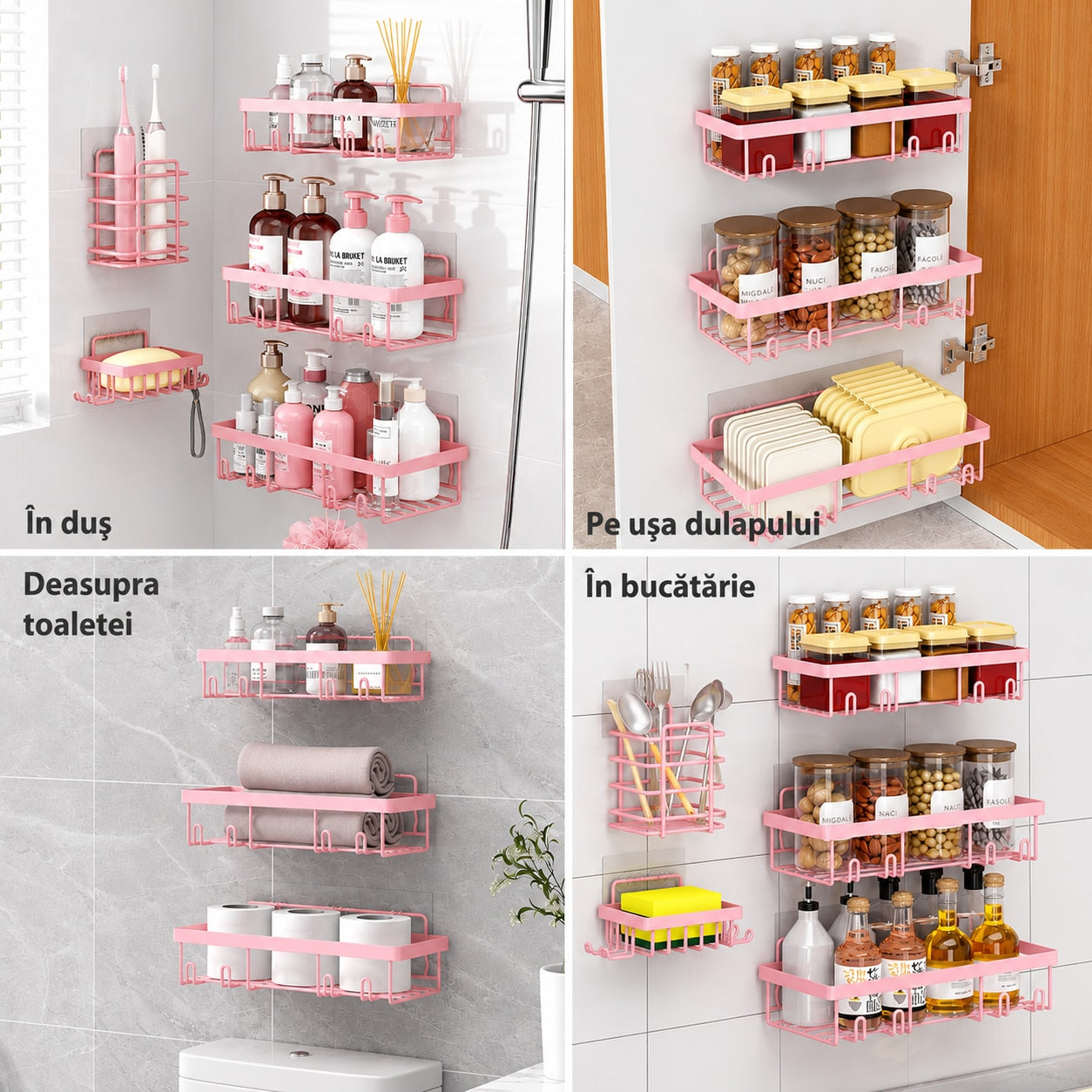 Raft de baie NextWave®, set 5 piese cu 3 etajere pentru dus, 1 suport pentru sapun si 1 suport pentru periute de dinti, din – imaginea 8