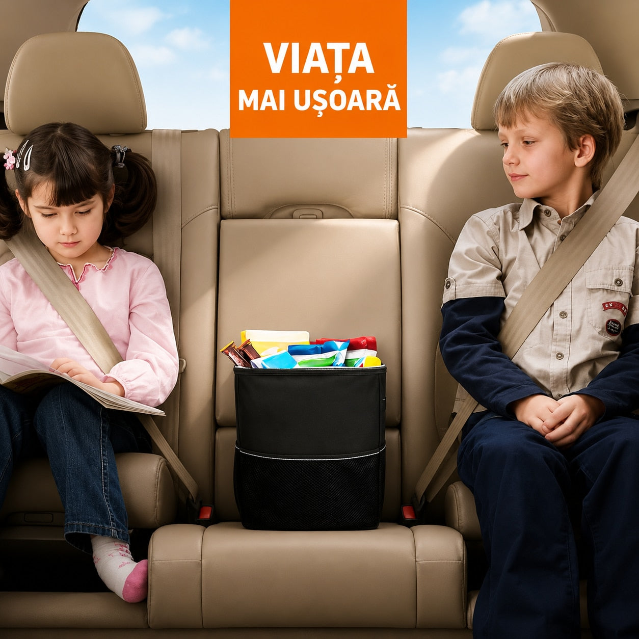 Cos de gunoi auto NextWave®, pliabil si impermeabil, capacitate 7, 6 L, curea reglabila pentru tetiera sau consola, 4 capse – imaginea 8