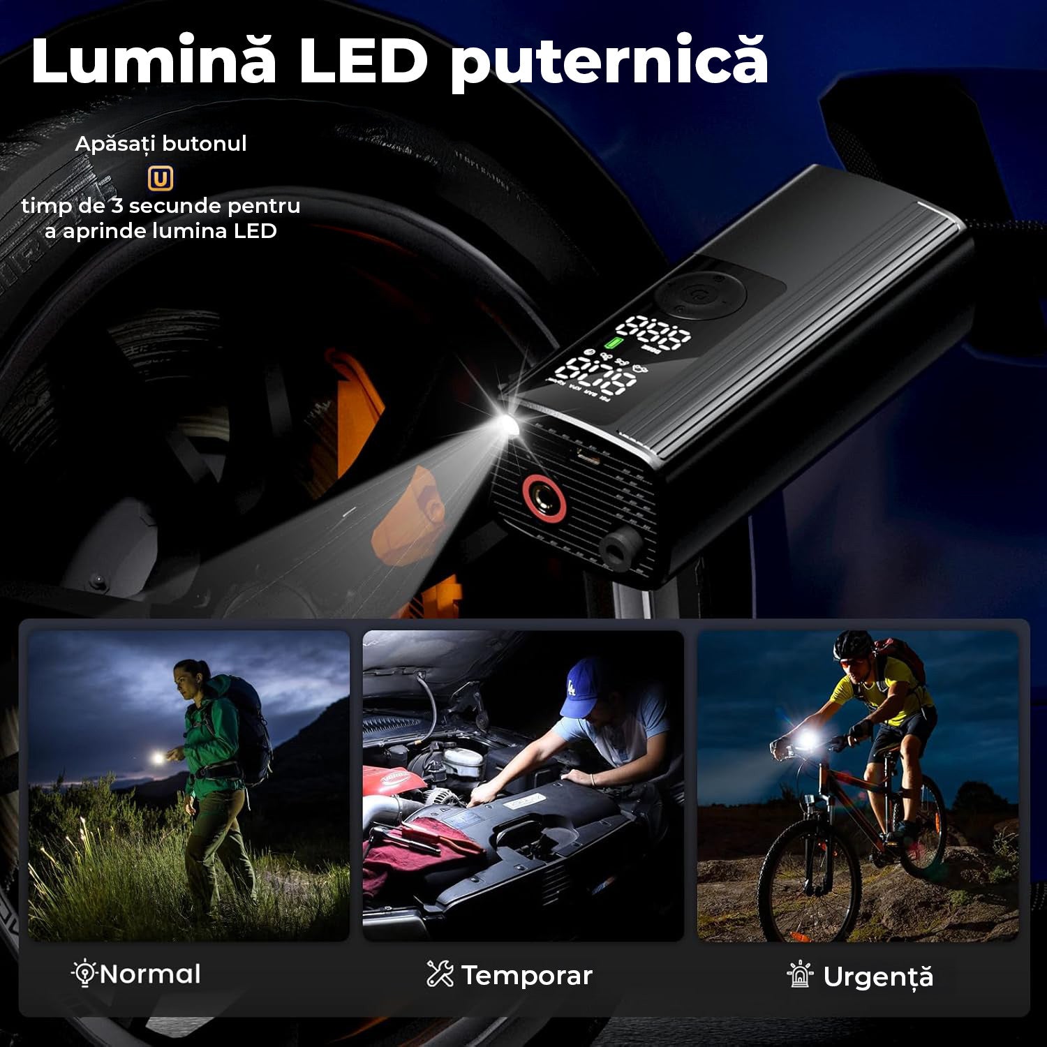 Compresor auto portabil NextWave, 150 PSI, manometru digital, iluminare LED, Negru, 22,2x8,4x14,2cm – imaginea 8