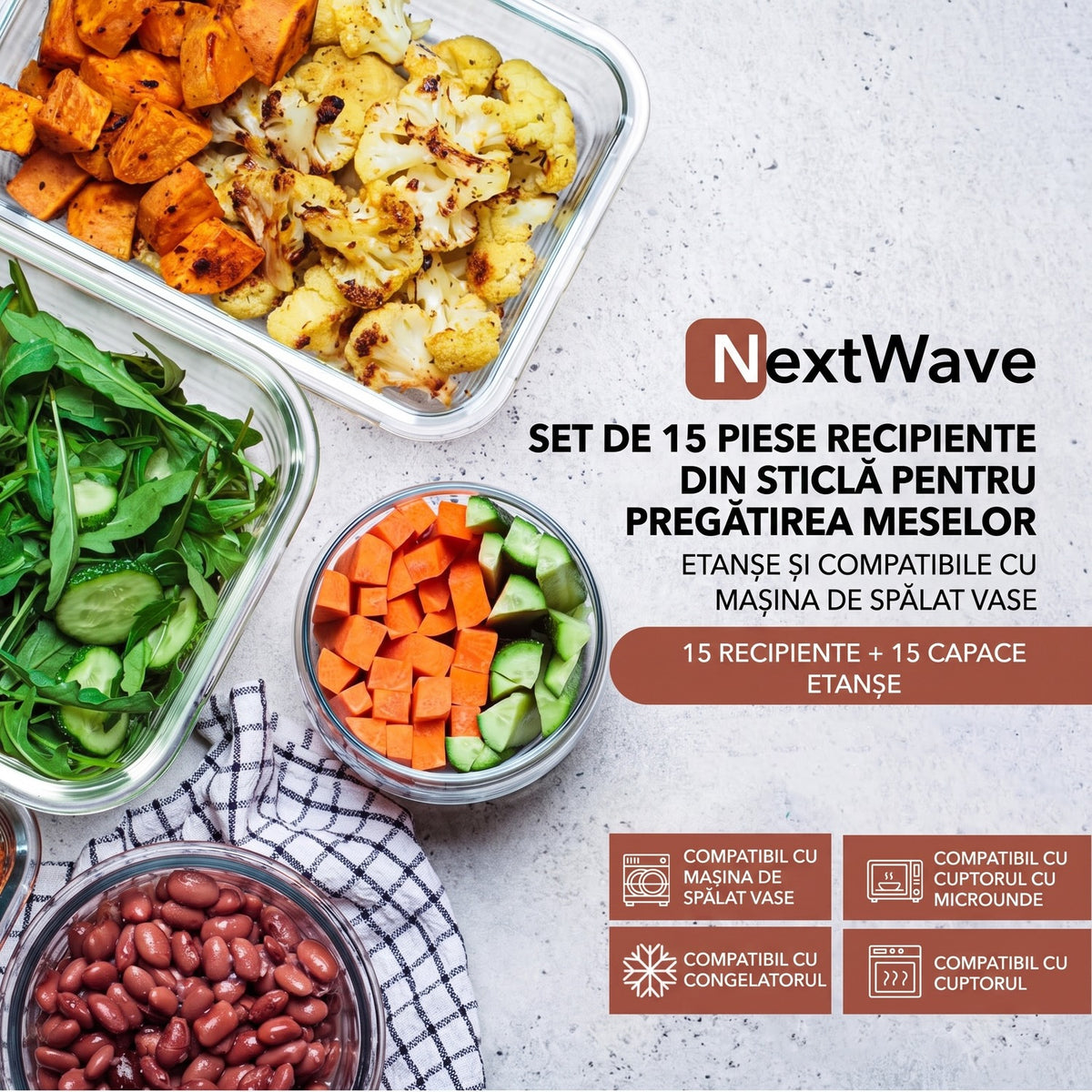 Set 15 Caserole Alimentare din sticla NextWave®️ Capace Etanse, Depozitare Frigider si Congelator, Potrivite pentru – imaginea 8