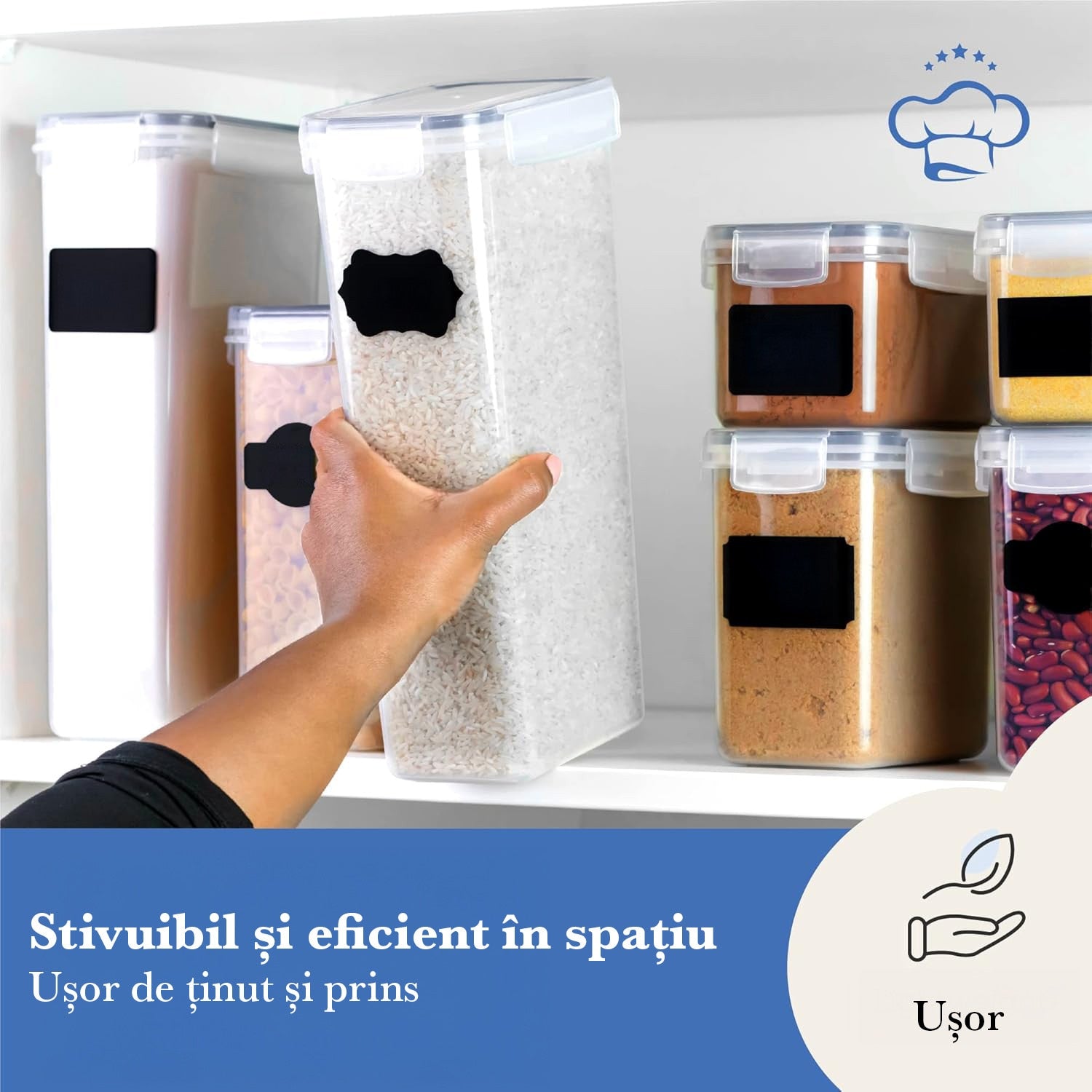 Set 14 recipiente depozitare alimente NextWave® – plastic alimentar transparent fara BPA, capace negre etanse, utilizabile – imaginea 8