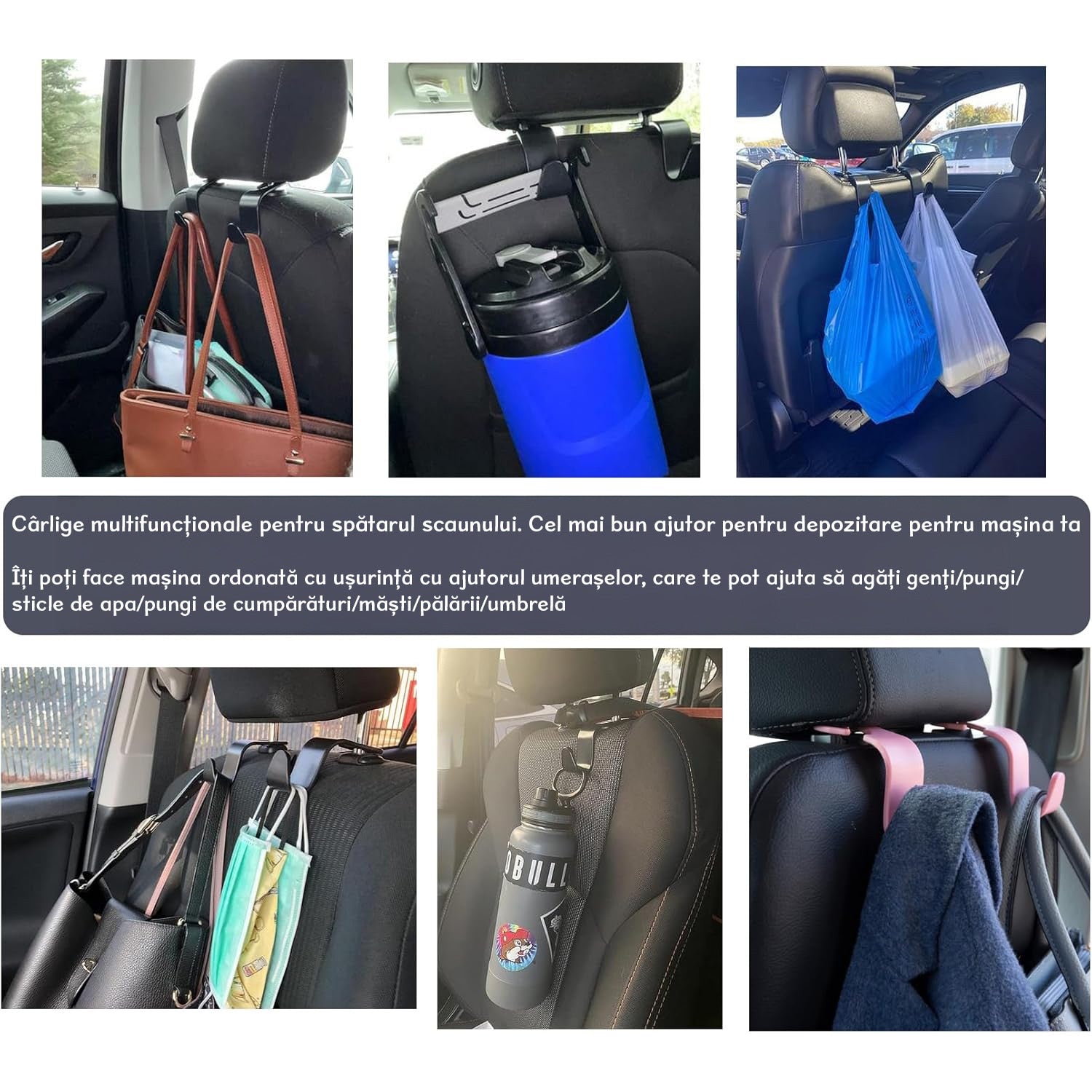 Set 4 carlige spatar auto NextWave®️, textura fibra de carbon, capacitate mare pana la 10 kg, pentru organizare si – imaginea 8