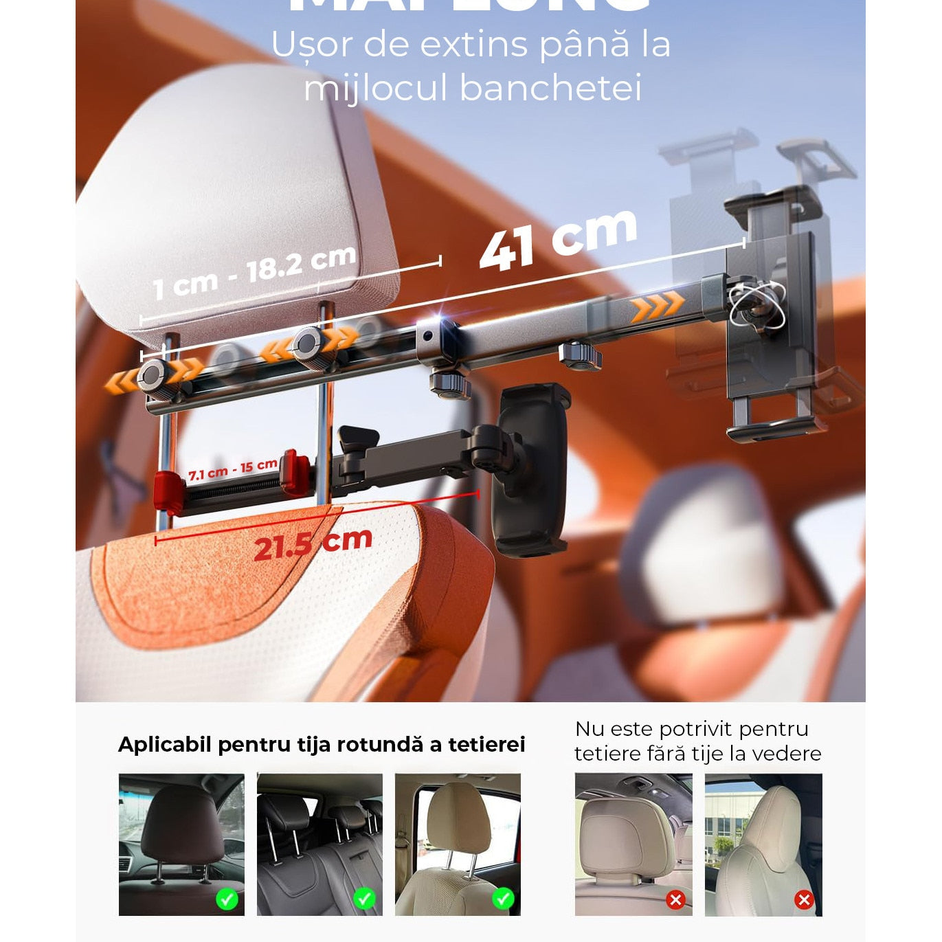 Suport auto tetiera NextWave®️, reglabil pe 3 axe pentru tablete si telefoane 4,7–11 inch, sistem metalic pliabil cu – imaginea 8